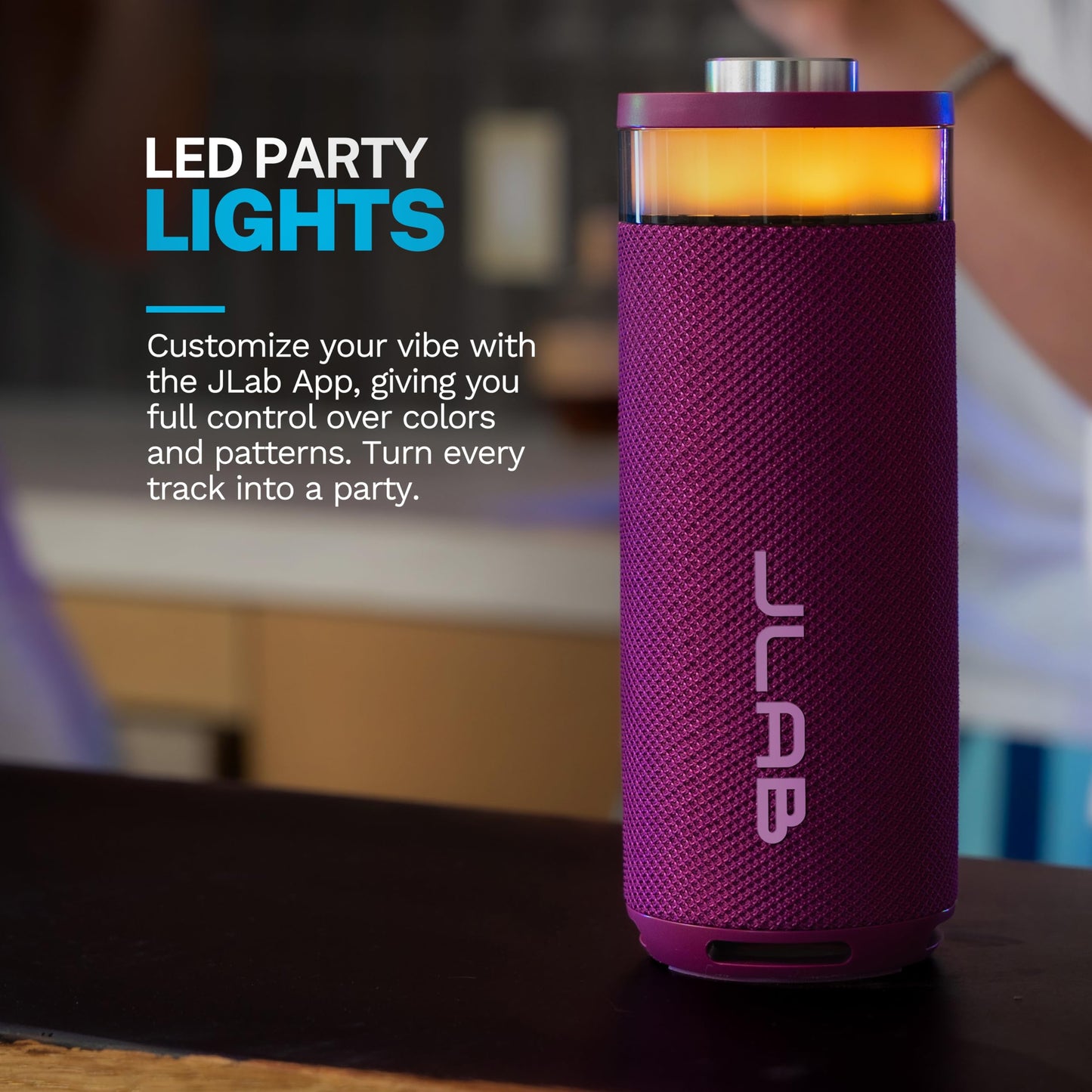 JLab Go Party Portable Bluetooth Speaker, Mulberry, 10 Watts of Power, 16+ Hours of Playtime, IP56 Waterproofing, Customizable RGB LED Lighting, Lab