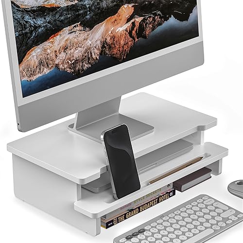 WELL WENG Monitor Stand Monitor Stand Riser for Desk,Wood Desk Shelf Storage Organizer with Phone Tablet Holder (16.5 Inch, White)