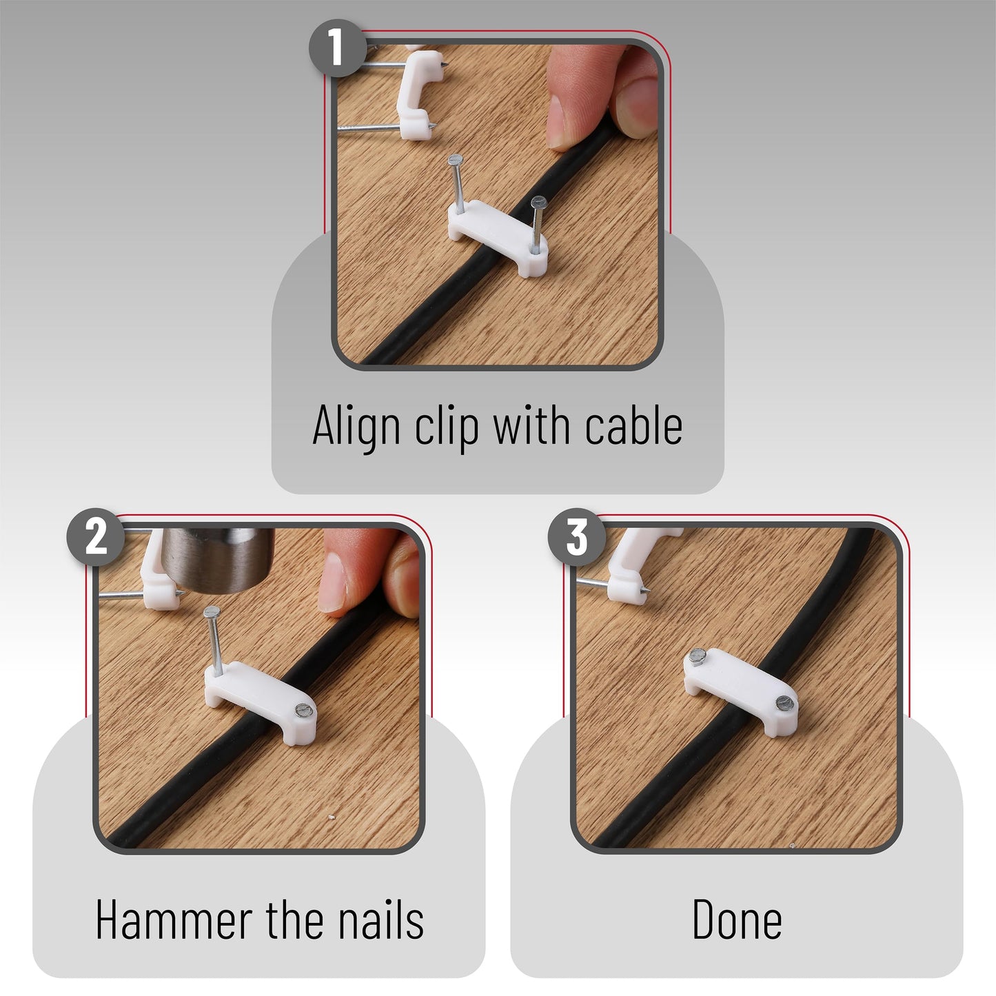 Bates- Cable Clips with Steel Nails, 200 pcs, White, Large, 2-Nail Cord Clips for Wires on Wall, Cable Wall Clip, Wire Wall Clips, Cable Wire Clips