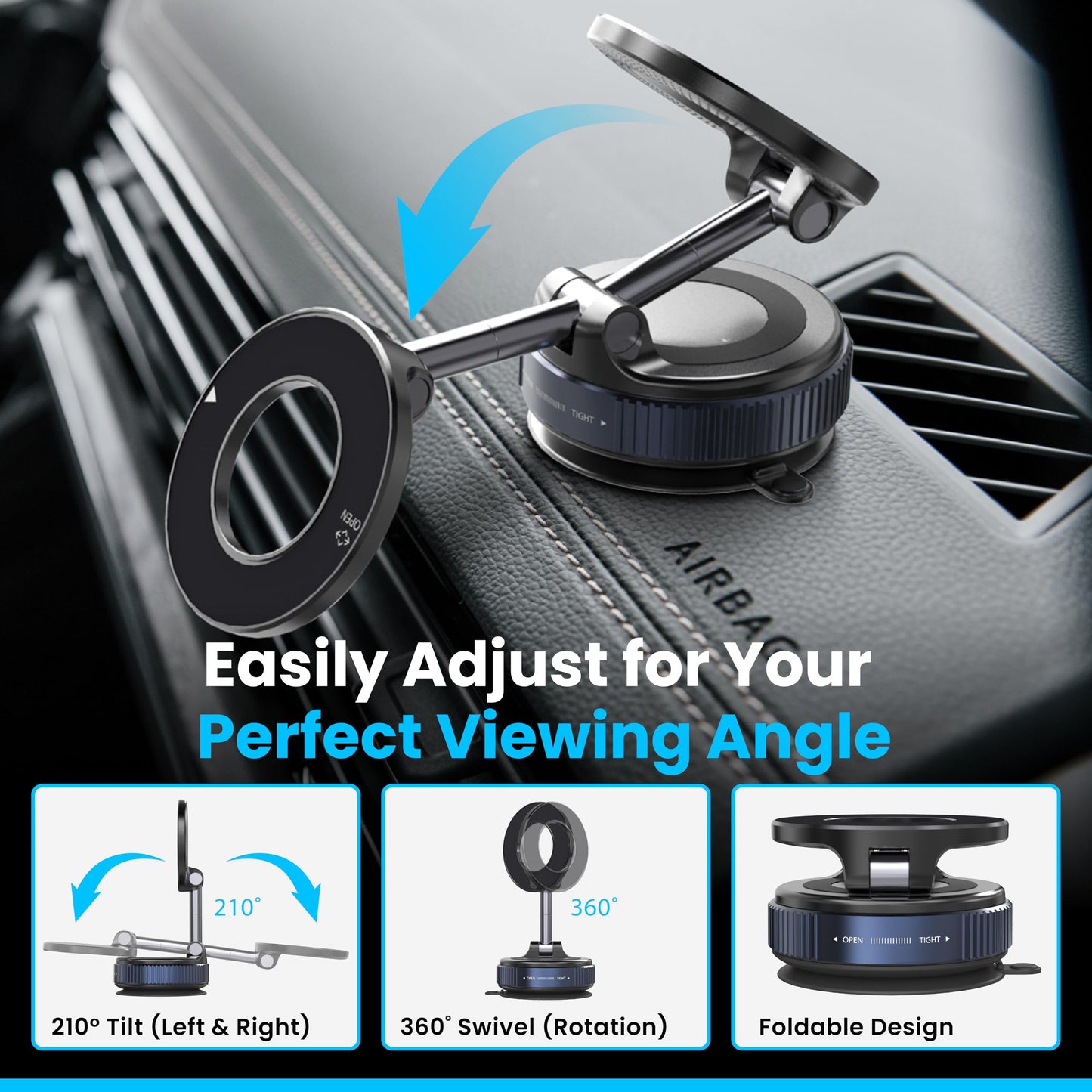 Ryvlan Carmount Vacuum Magnetic Phone Mount for Car- Magsafe Suction iPhone Stand, Content Creator Phone Holder & Car Mount, iPhone Holder