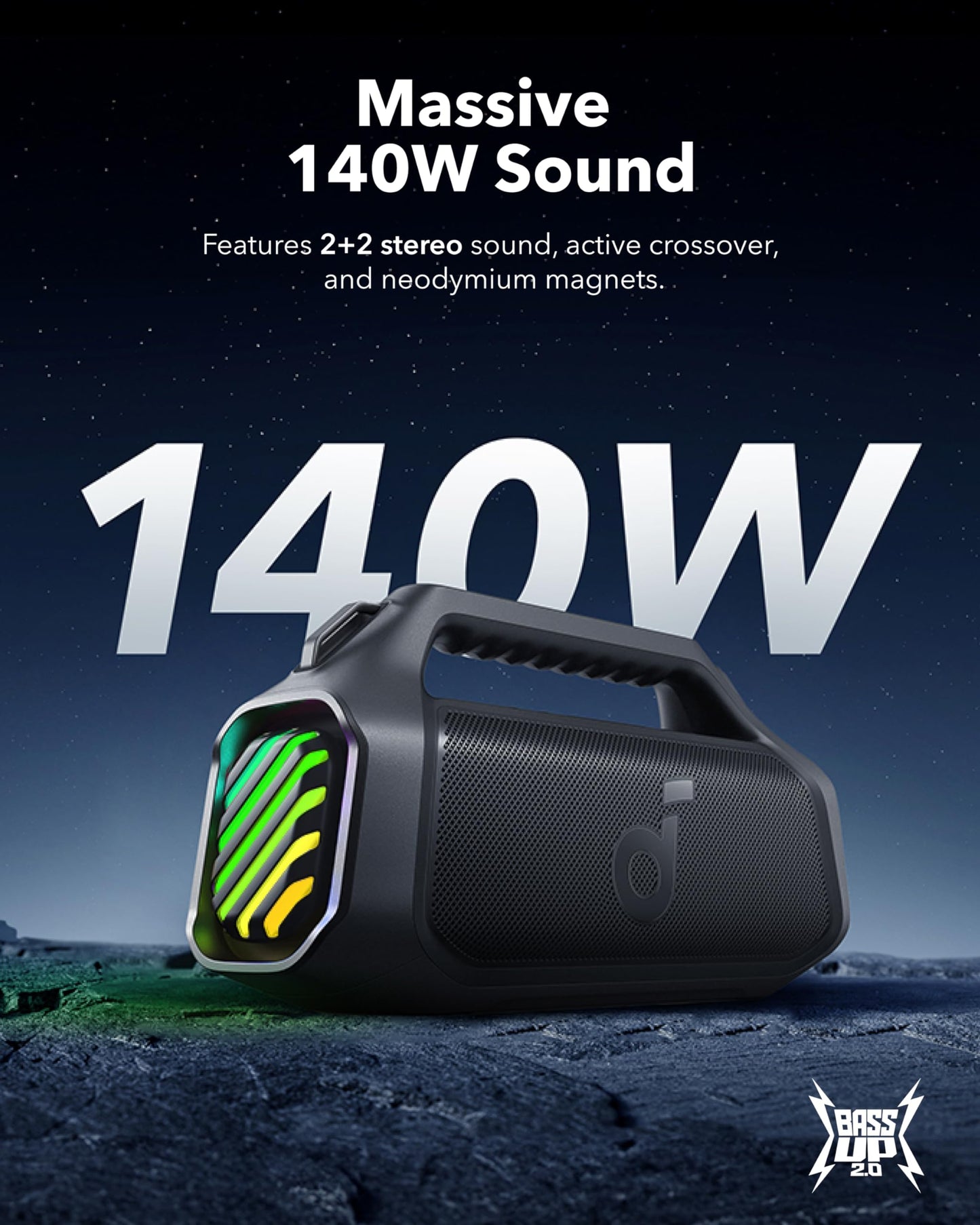 Soundcore Boom 2 Plus Portable Speaker By Anker, 140W, 2+2 Channel, BassUp 2.0, 20H Playtime, Fast Charge, IPX7 Waterproof, RGB Lights, Power Bank