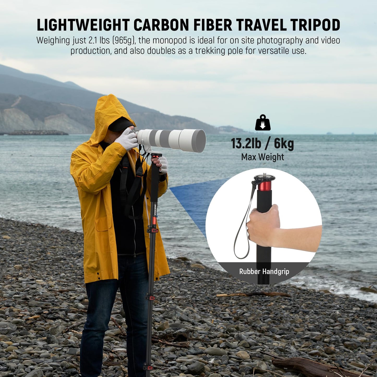 NEEWER 67.7" Camera Monopod Stand, Lightweight Carbon Fiber Travel Tripod with Detachable Base for DSLR Camcorder Video Recording, Telescopic Selfie