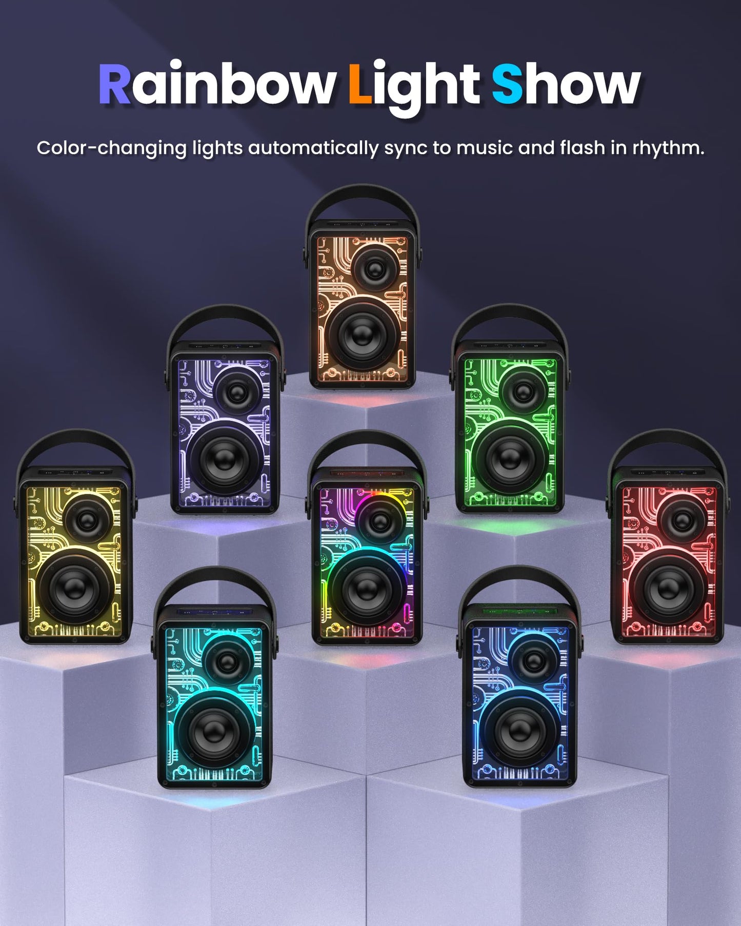 Raymate Bluetooth Speakers Wireless, 80W Speakers with Subwoofer-V5.3, HiFi Stereo Sound, Rhythmic Lighting System, 15H Playtime, 8000mAh Power Bank