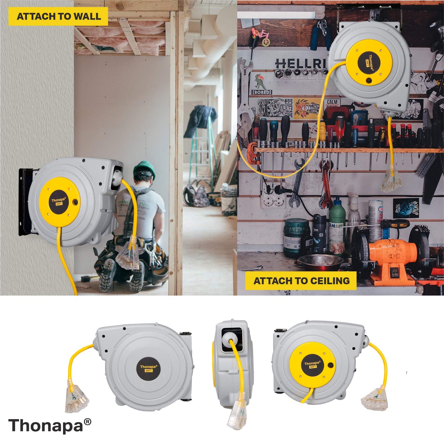 Thonapa 40 ft Retractable Heavy Duty Extension Cord Reel 3 Outlets - 12 Gauge Heavy Duty Yellow Power Cable with Multiple Outlets 15 Amp SJTW