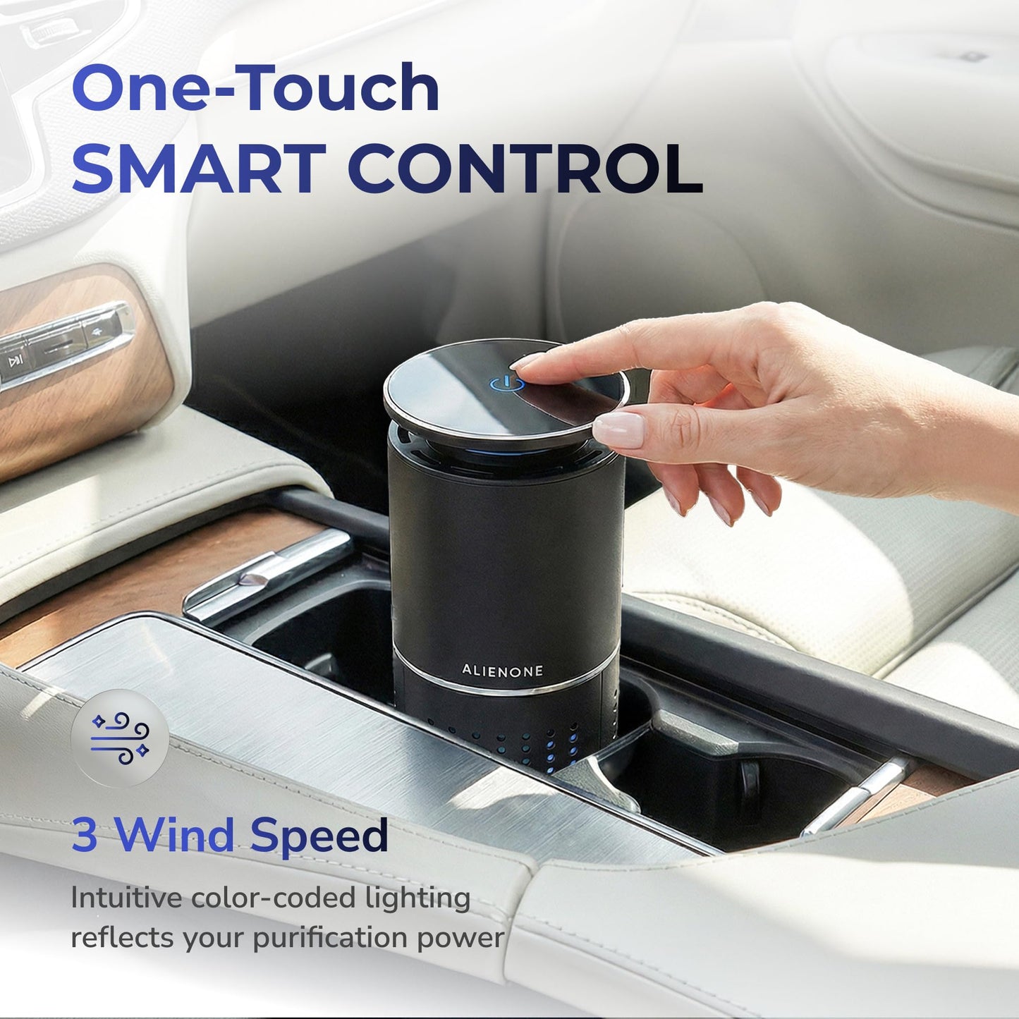 ALIENONE Car Air Purifier AP-C1-D, H13 True HEPA Filter, 3-in-1 Filtration System, 360° Air Intake, Whisper-Quiet, One-Touch Operation, Compact Cup