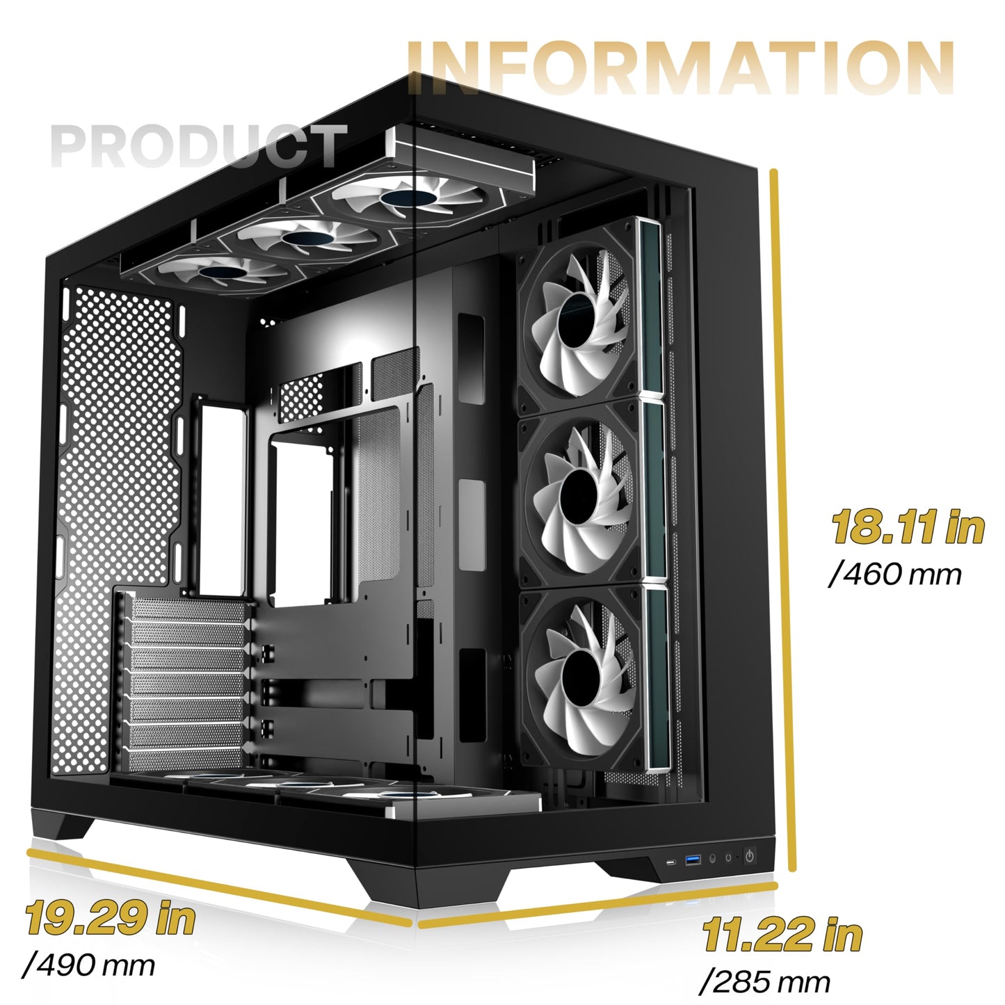 ANSAITE PC CASE 9 PWM ARGB Fans Pre-Installed, Mid-Tower Gaming PC Case, Panoramic Tempered Glass Computer Case with Type-C,420mm&360mm Radiator