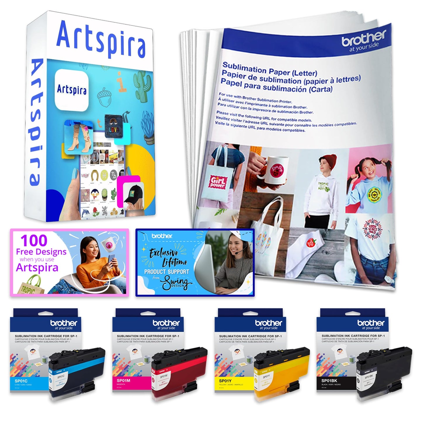 Brother SP-1 Sublimation Printer with Full CMYK 47ml Ink Set, 10 Dye-Sublimation Transfer Sheets & Artspira Design Software