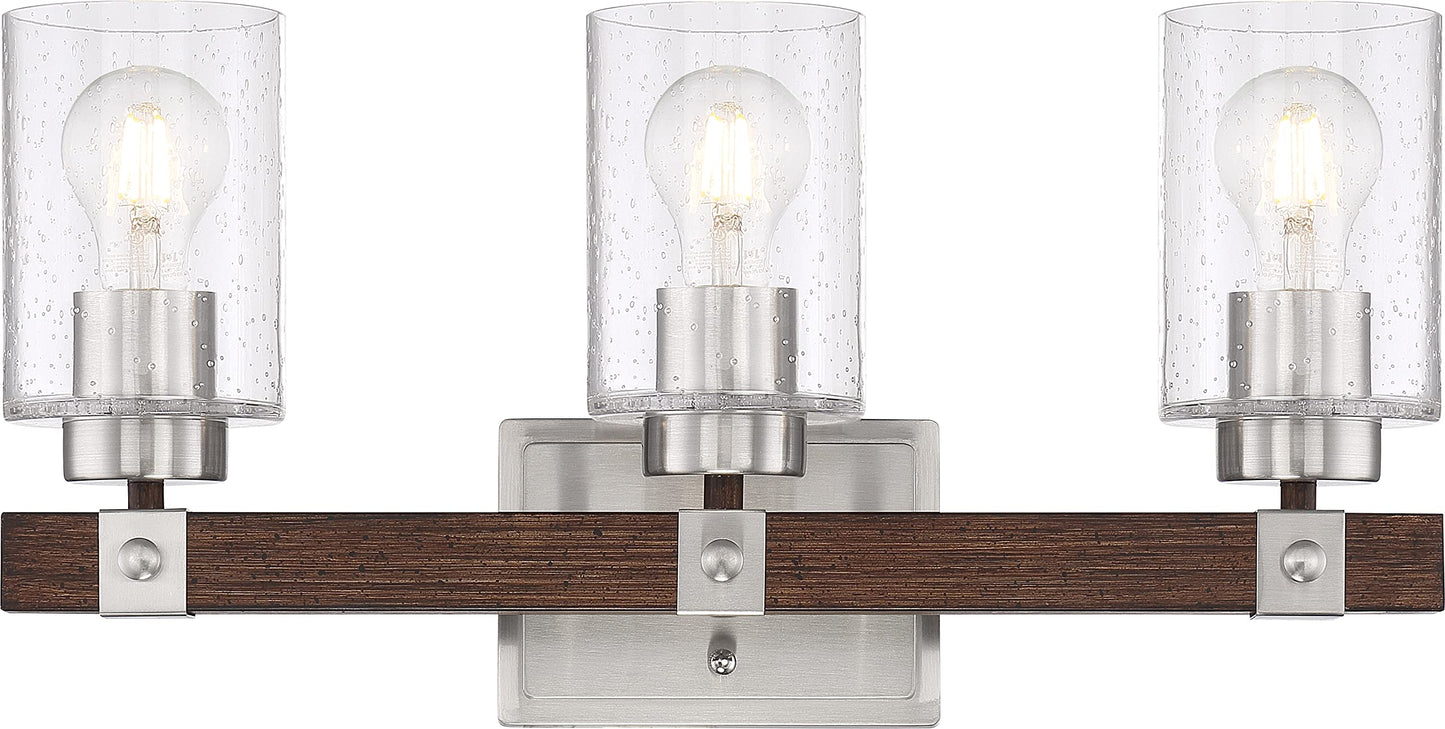 Nuvo 60/6963 Arabel Vanity Brushed Nickel and Nutmeg Wood Finish with Clear Seeded Glass, 3 Light