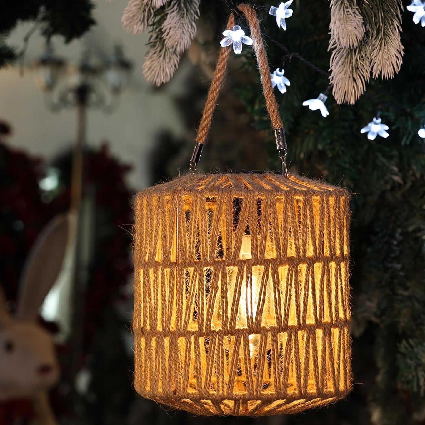 Cooo Large Solar Rope Lantern Outdoor Hanging - Handwoven Jute Rope Lantern with Warm Edison Bulb, IP65 Waterproof Solar Powered Garden Light