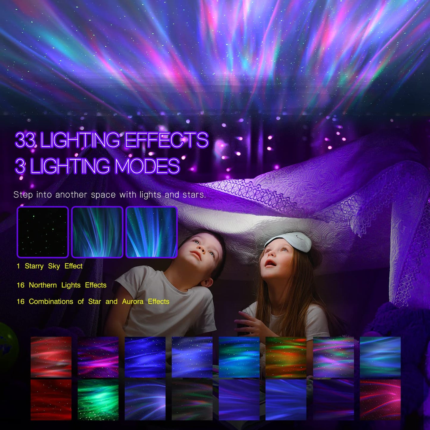 Northern Galaxy Light Aurora Projector with 33 Light Effects, Night Lights LED Star Projector for Bedroom Nebula Lamp, Remote Control, White Noises
