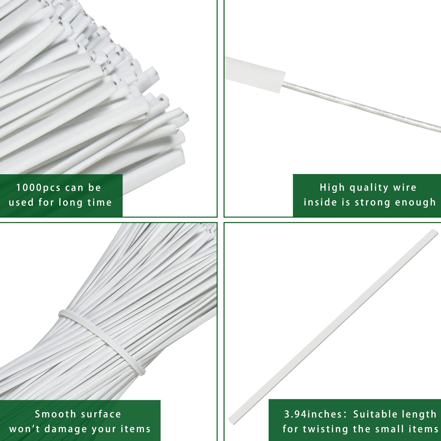 SumDirect 1000pcs 4 Inch Twist Ties - Reusable White Plastic Coated Cable Wire Ties for Bags, Bread,Household and Office