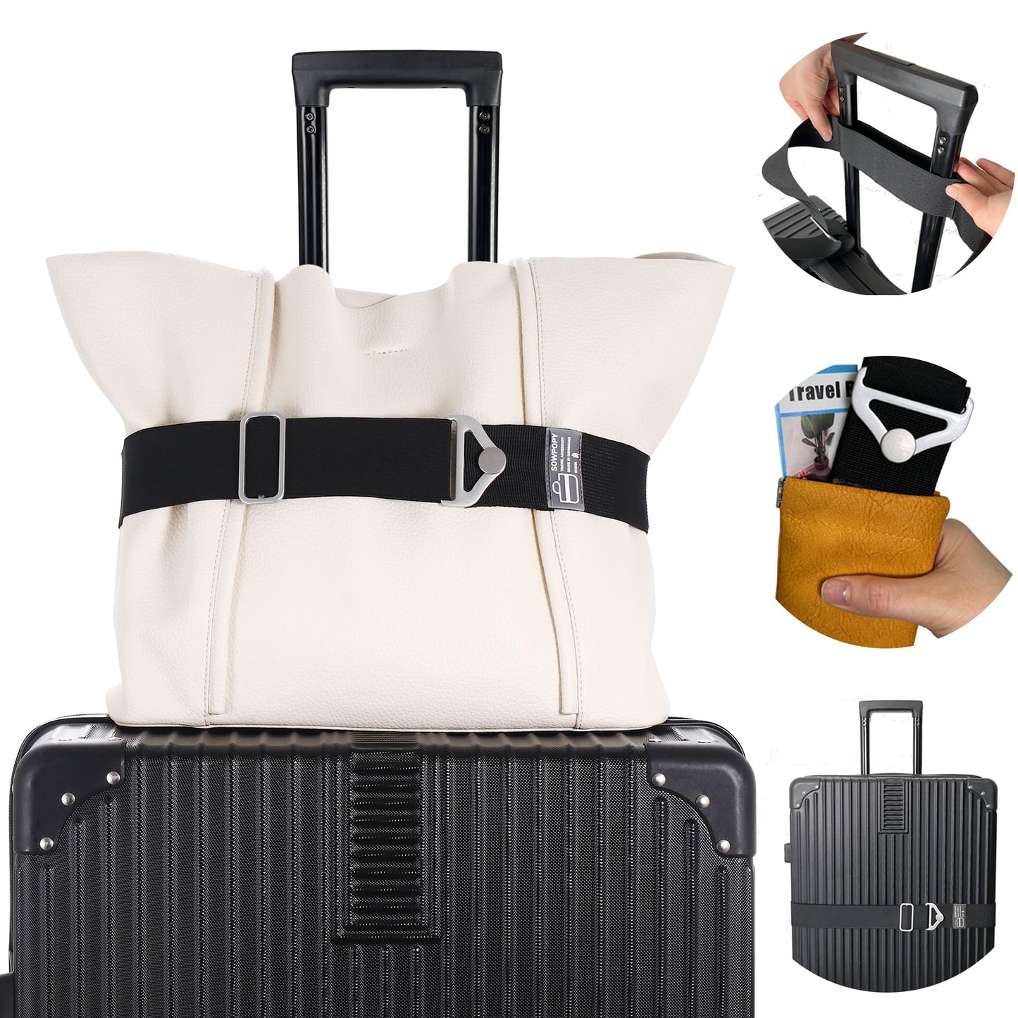 SOWPOPY Travel Belt for Luggage – Adjustable Add-a-Bag Strap, 2-in-1 Elastic Suitcase Belt Over Handle for Carry-On & Travel Accessories (Black)