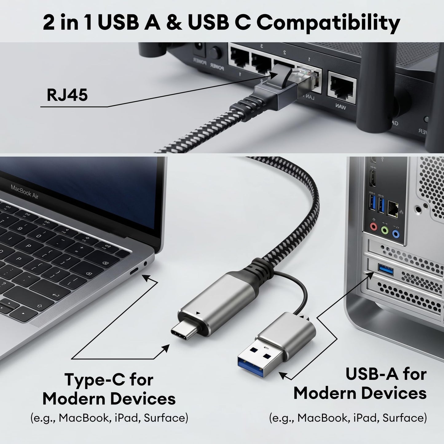Molltto USB 3.0 to Ethernet Adapter Cable 25FT, USB C & USB A 2 in 1