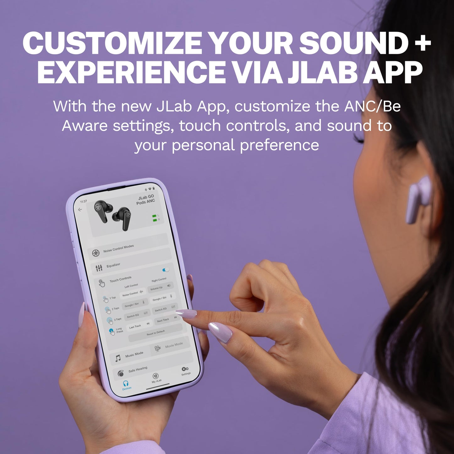 JLab, Go Pods ANC, True Wireless Earbuds, Active Noise Cancelling Bluetooth Earbuds, Lilac