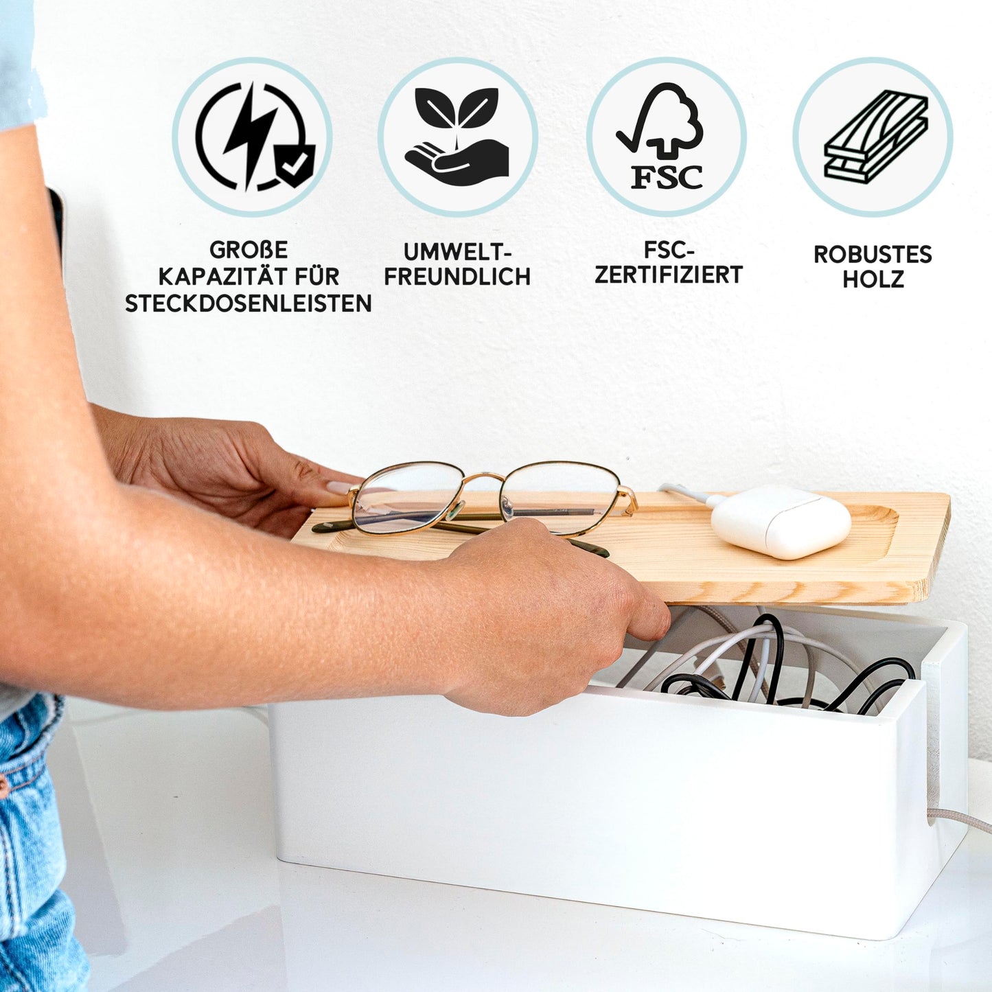 NATURE SUPPLIES Set of 2, Wood Cable Management Boxes, Large and Medium Cord Organizer to Hide Wires and Power Strips for TV, Desk, Computer, Router