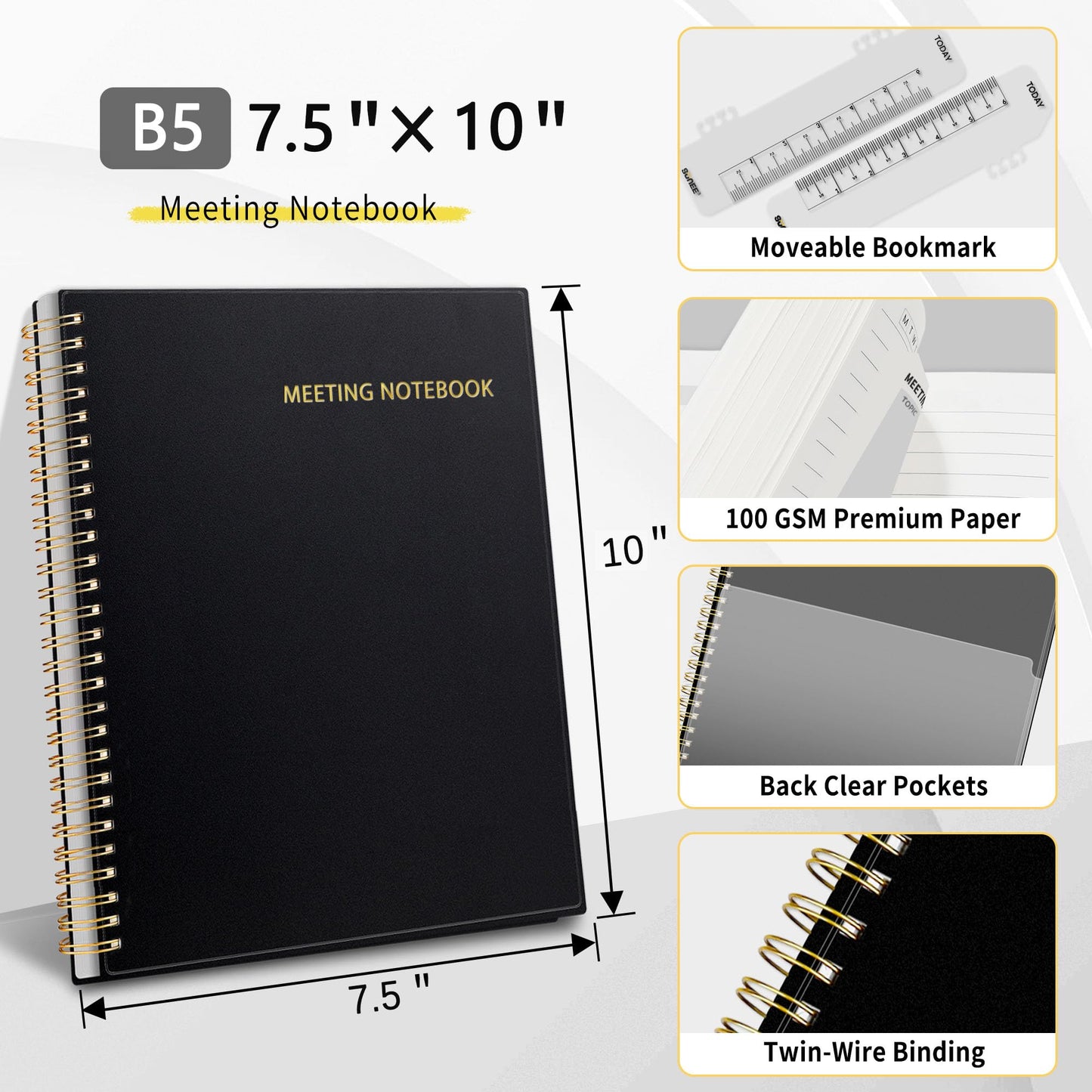 SUNEE Half Meeting Half Note - 7.5"x10" Professional Notebooks for Work - 160 Pages, B5 Size Project Planner, Spiral Meeting Agenda/Minutes Organizer