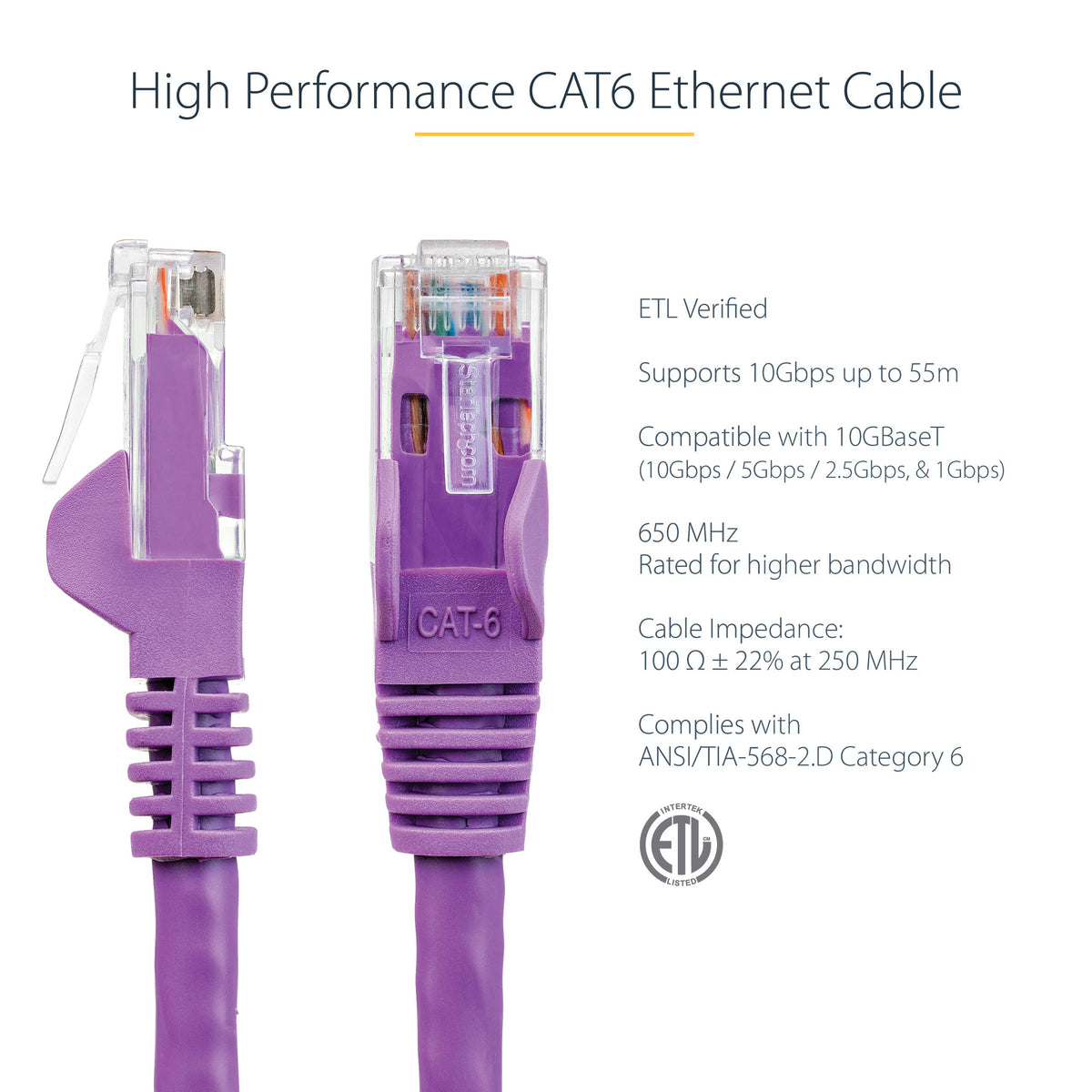 StarTech 50ft CAT6 Ethernet Cable - Purple CAT 6 Gigabit Ethernet Wire -250Mhz 100W PoE++ RJ45 UTP Category 6 Network Patch Cord Snagless