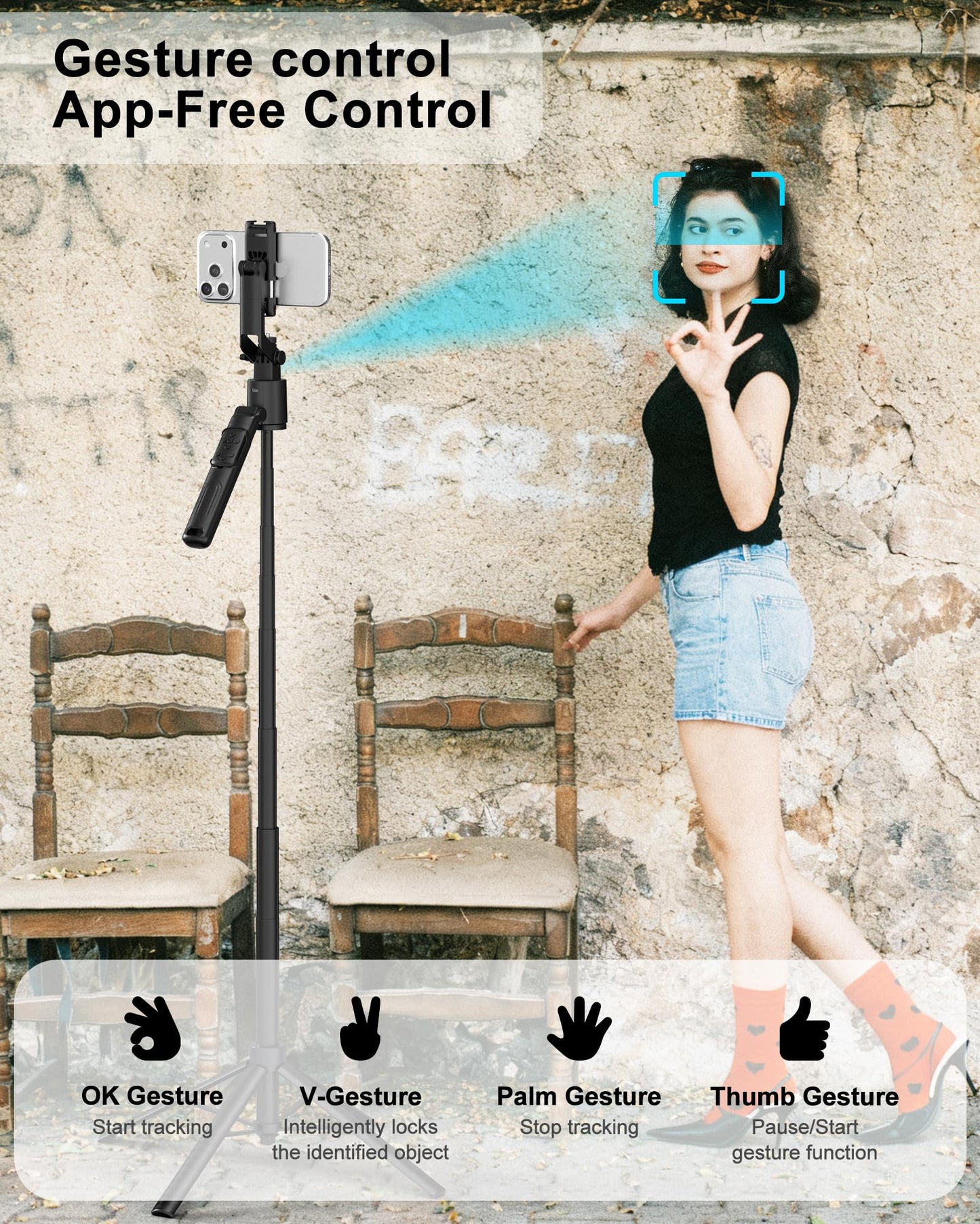 70" Auto Face Tracking Selfie Stick Tripod for iPhone/Android/Mini Camera, 360° Rotation Phone Tracking Tripod with Remote, 2Pcs Fill Lights, Phone