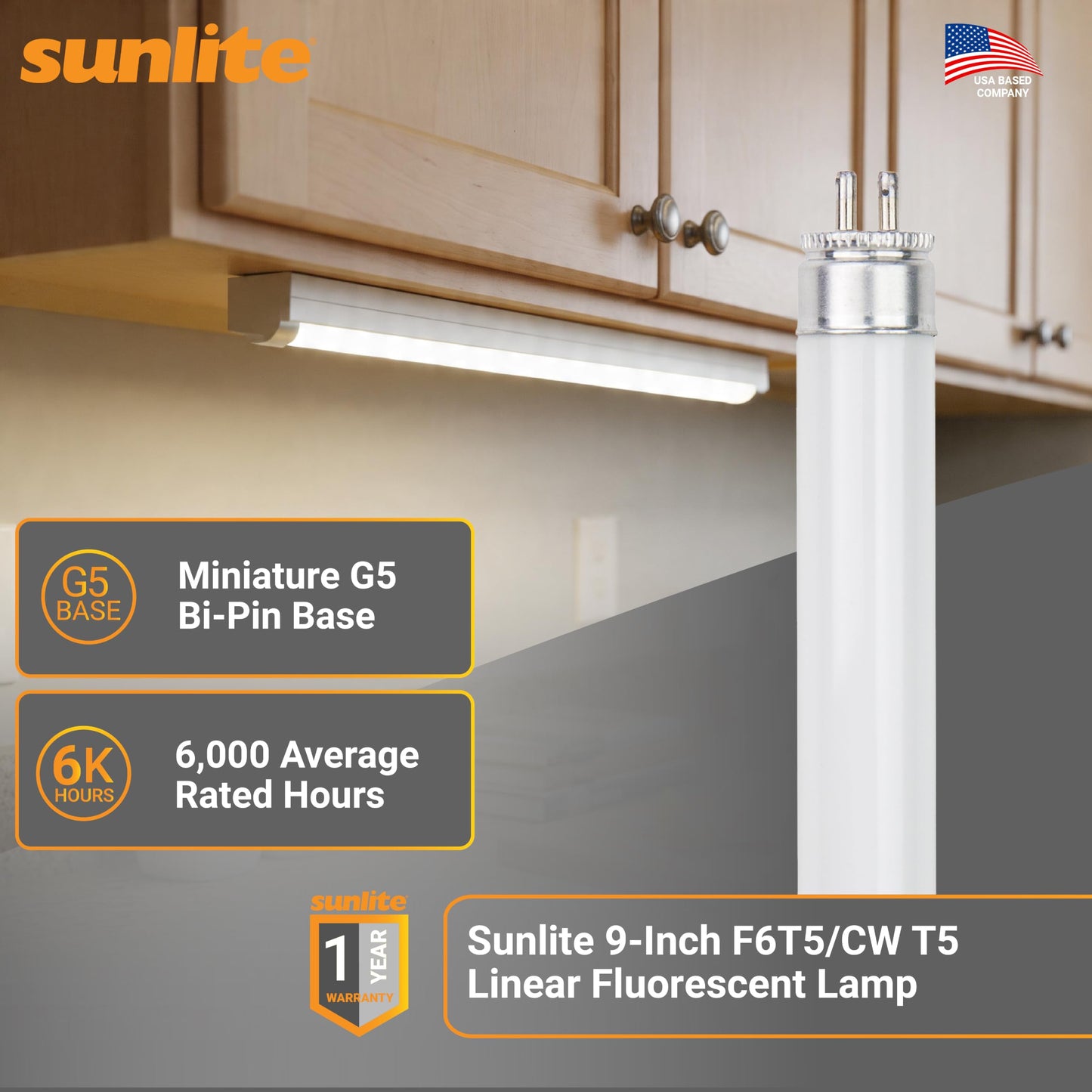 Sunlite 9-Inch F6T5/CW T5 Linear Fluorescent Lamp, 6 Watts, 240 Lumens, 4100K Cool White, Miniature G5 Bi-Pin Base, ROHS Compliant, High Performance