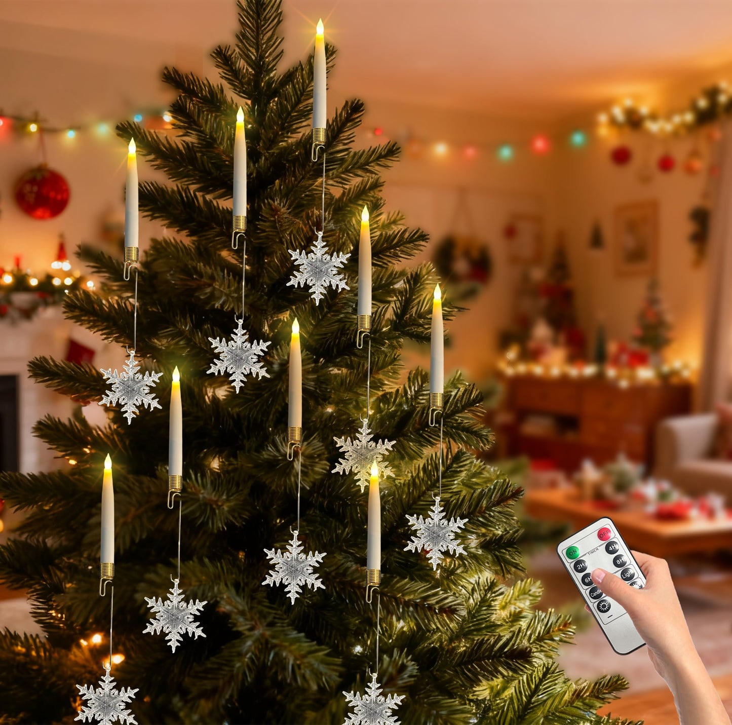 Htscudtg Christmas Tree Candles with Remote,10 Pcs LED Flameless Taper Candles with Clear Snowflake for Christmas Tree Decor, Battery Operated Tree