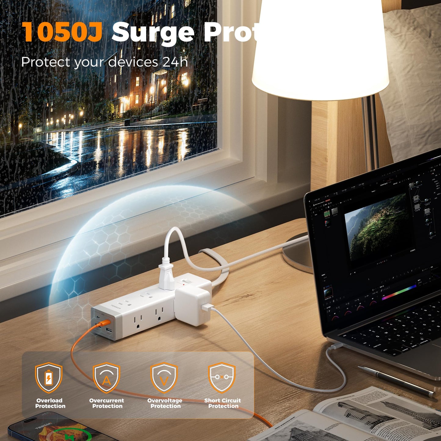TESSAN Surge Protector Power Strip PD 20W, Ultra Thin Flat Plug 6 FT Extension Cord, 9 Outlets 4 USB(2 USB C), 1050J Protection Multiple Outlets