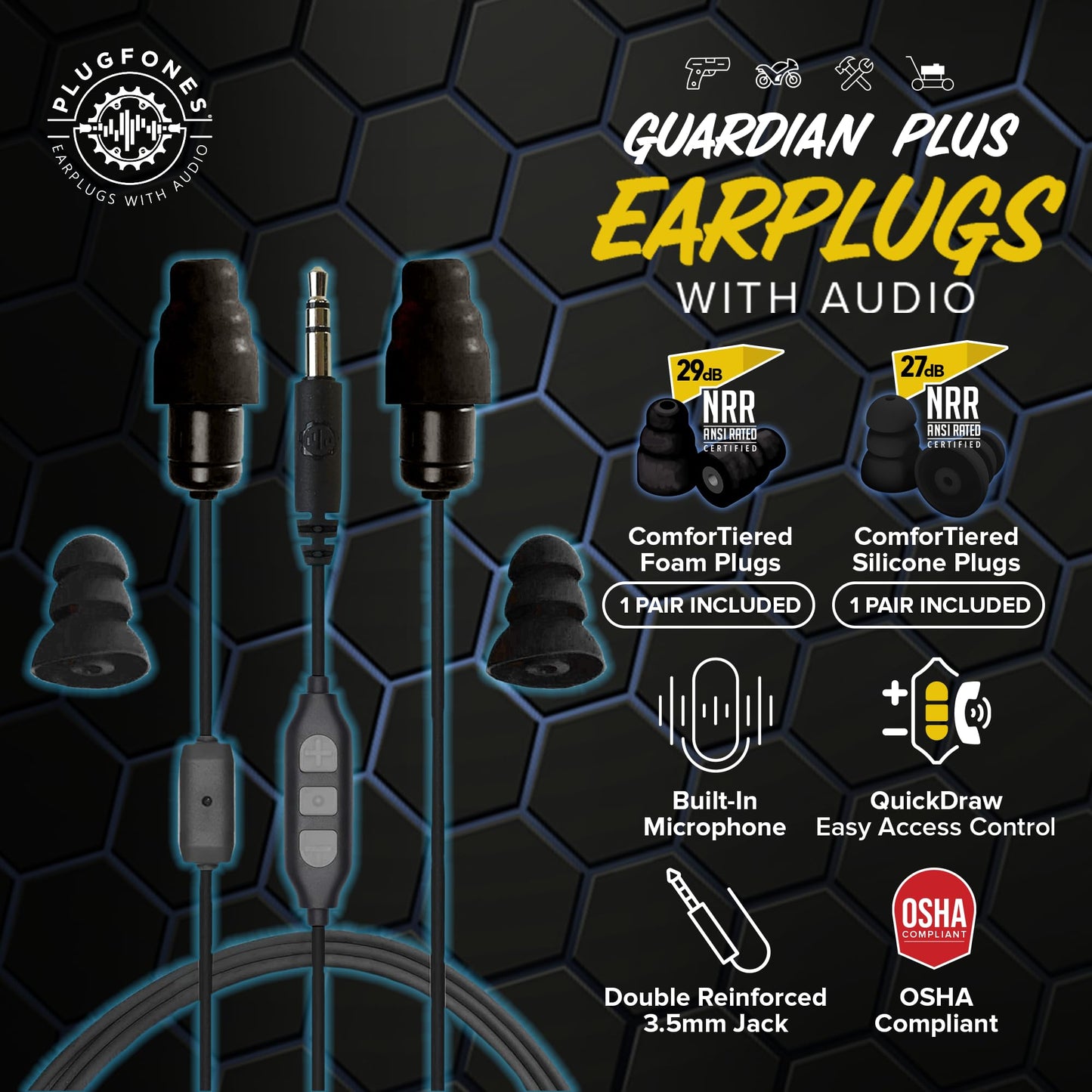Plugfones Guardian Plus in-Ear Earplug Earbud Hybrid - Noise Reduction in-Ear Headphones with Noise Isolating Mic and Controls (Black)