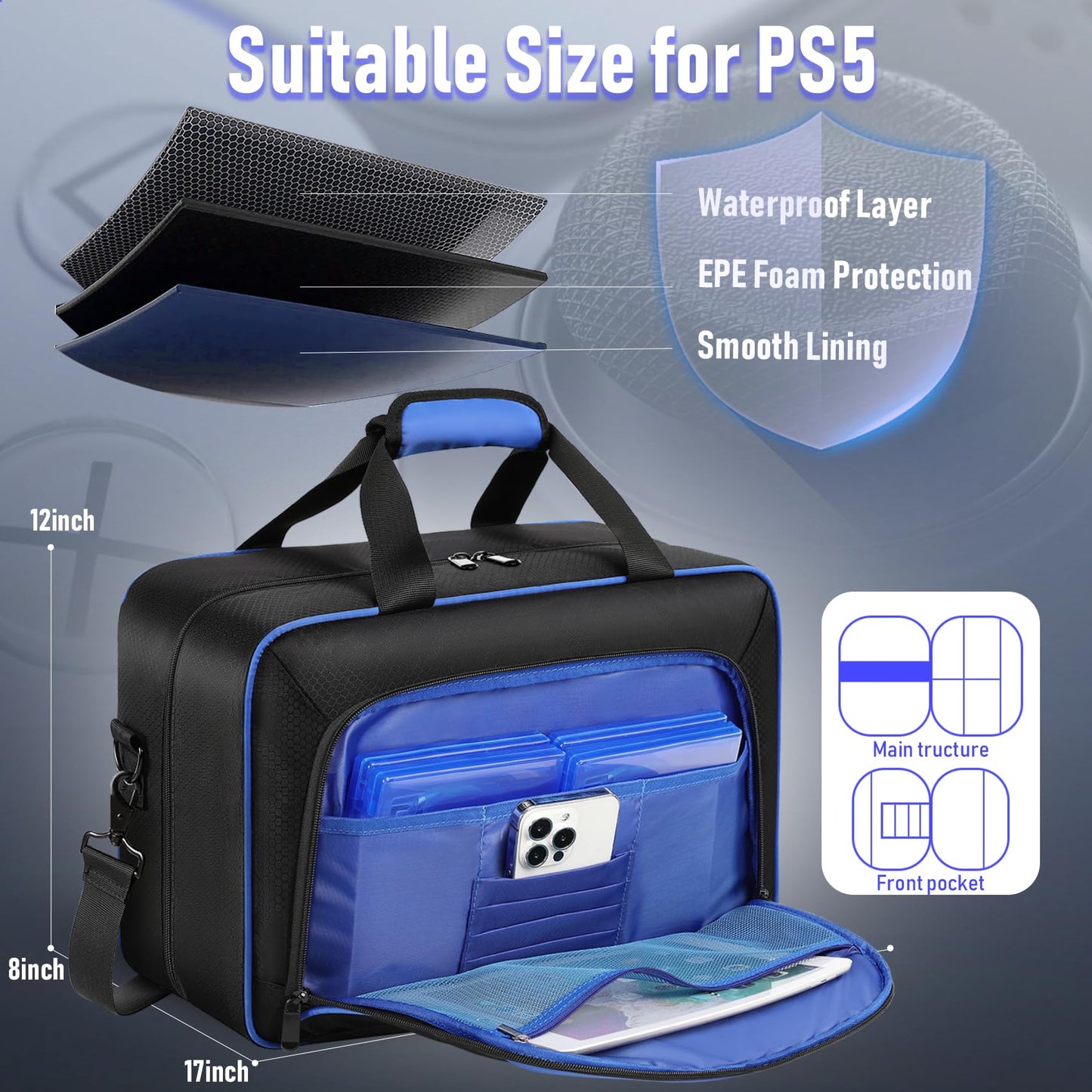 COMECOI Carrying Case for PS5, Travel Case for PS 5 Protective, Large Capacity Storage Bag Compatible with Playstation 5 Disk/ Digital Edition