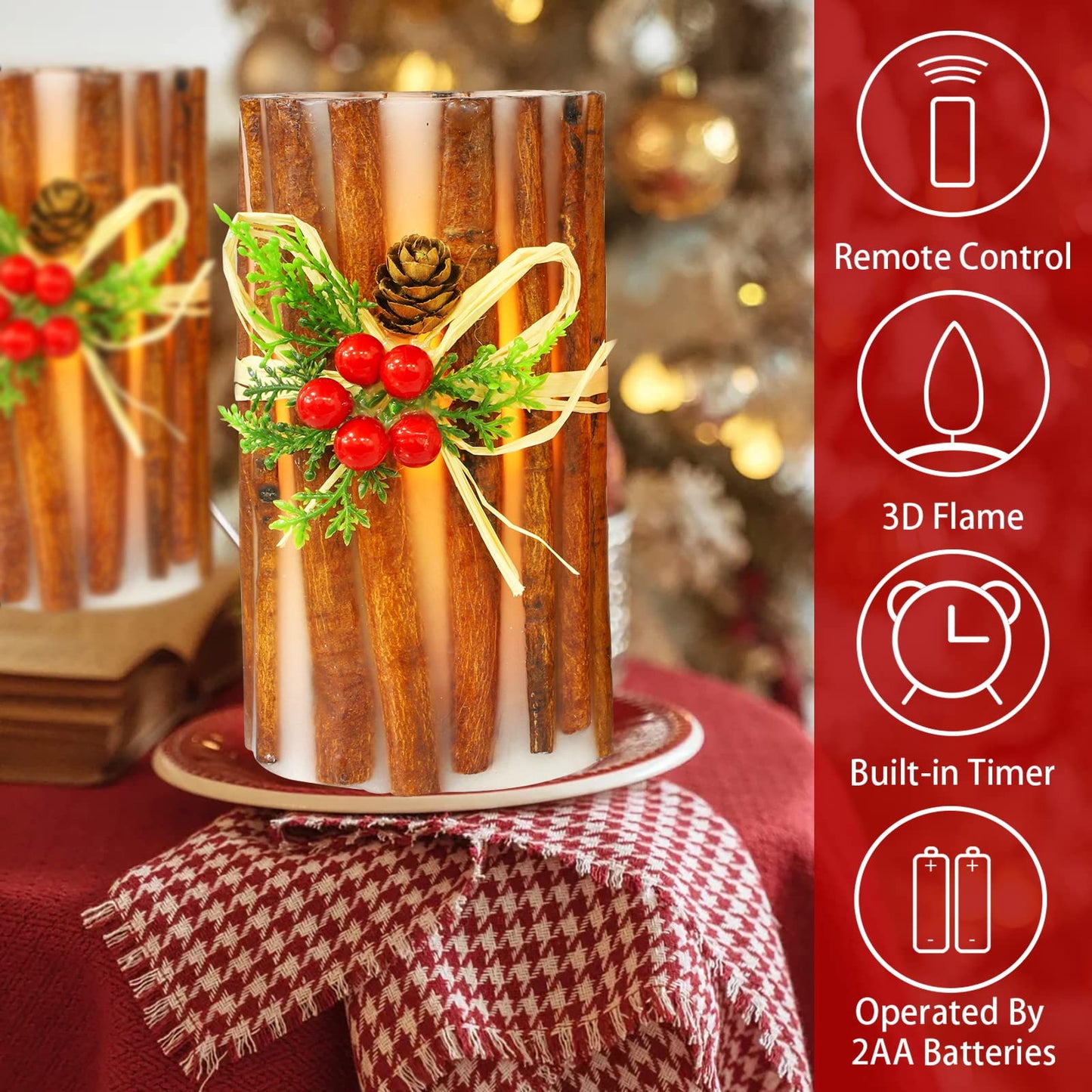 MELTONE Christmas Decorations Flameless Candles Embedded Cassia Bark LED Candles with Remote Real Wax Fake Candles for Home Party Holiday Xmas Decor