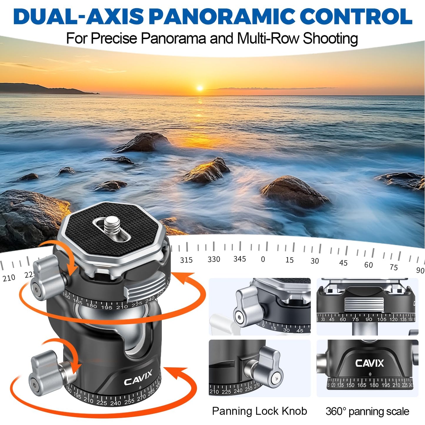CAVIX 360° Rotating Panoramic Ball Head, Tripod Head Mount 1/4" & 3/8" with Arca Quick Release Plate, for DSLR Camera,Tripod,Monopod,Slider,Camcorder