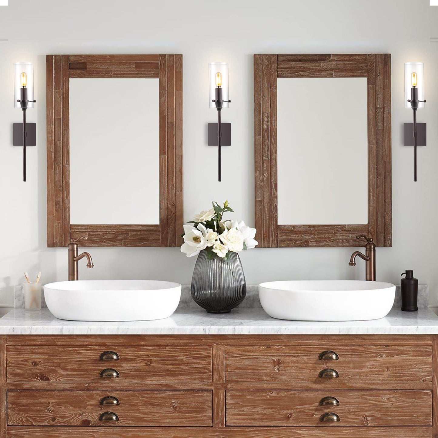 JONATHAN Y 4.5" Oil Rubbed Bronze Modern Farmhouse LED Vanity Light Sconce, Clear Glass Cylinder Shade, Wall Lamp for Bathroom Mirror Hallway