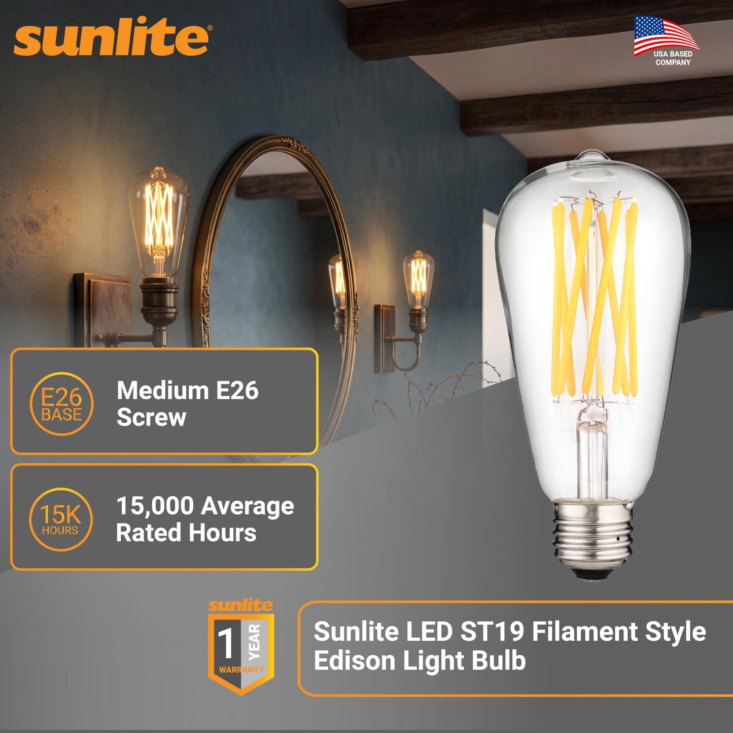 Sunlite LED ST19 Filament Style Edison Light Bulb 8.5 Watts (60W Equivalent), 880 Lumens, Medium Base (E26), Dimmable, ETL Listed, 2700K Soft White, 6