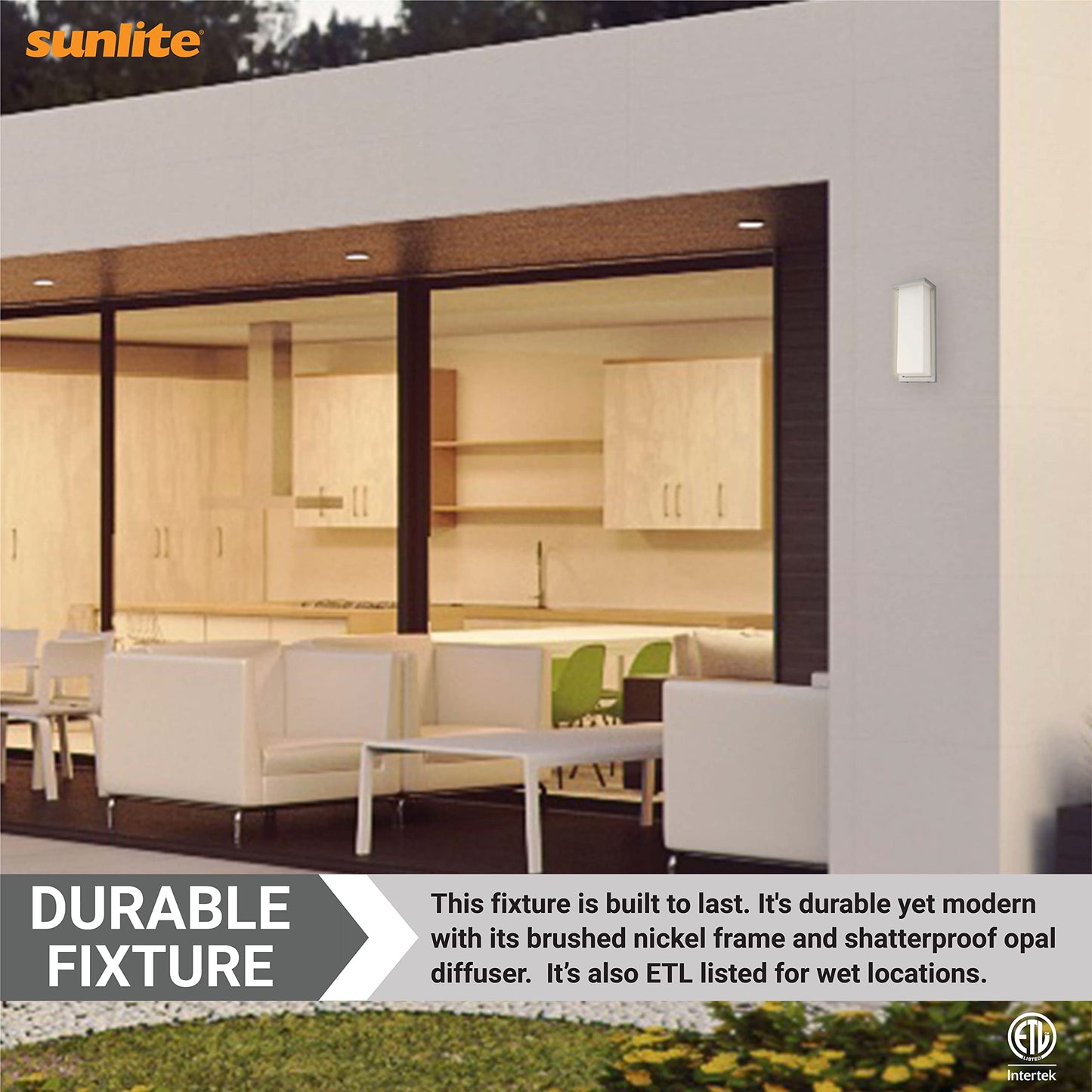 Sunlite 81482 14” Modern LED Wall Sconce Light, Outdoor Fixture, Adjustable 3 CCT 3000K-5000K, 20 Watts, 1100 Lumens, Opal Shade, Brushed Nickel