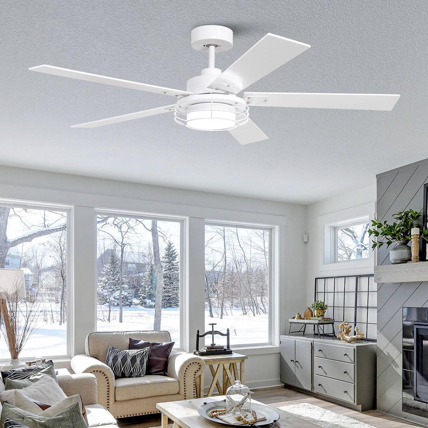 Vaczon 52" White Ceiling Fan with Lights & Remote -Farmhouse Ceiling Fan for Bedroom with High Airflow,Quiet DC Motor 6-Speed Indoor/Outdoor