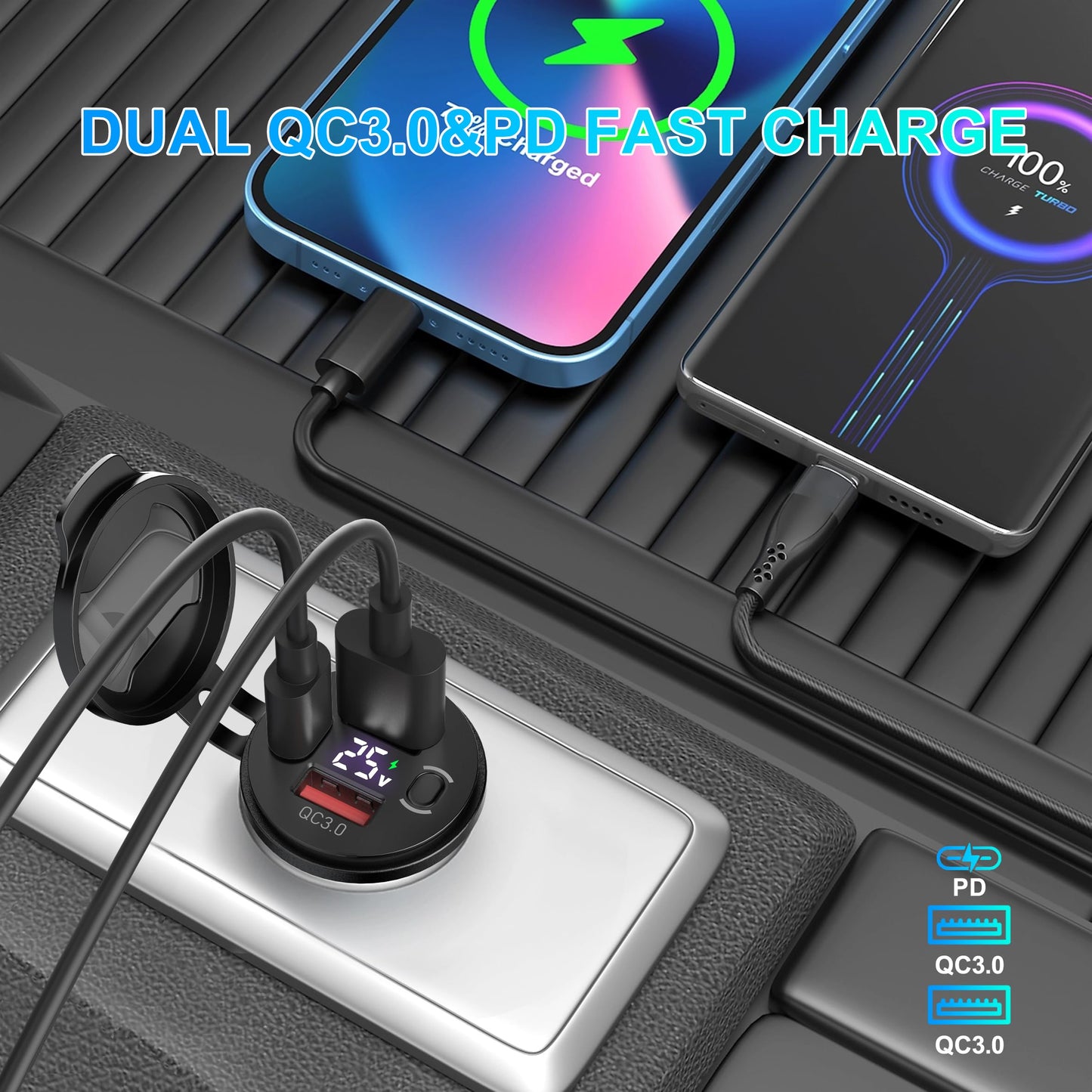 NEAWO USB Outlet 3 Port Car Charger, USB C Car Charger Quick Charge, PD & QC USB Port for Car, USB C Cigarette Lighter Replacement 12V-24V Socket