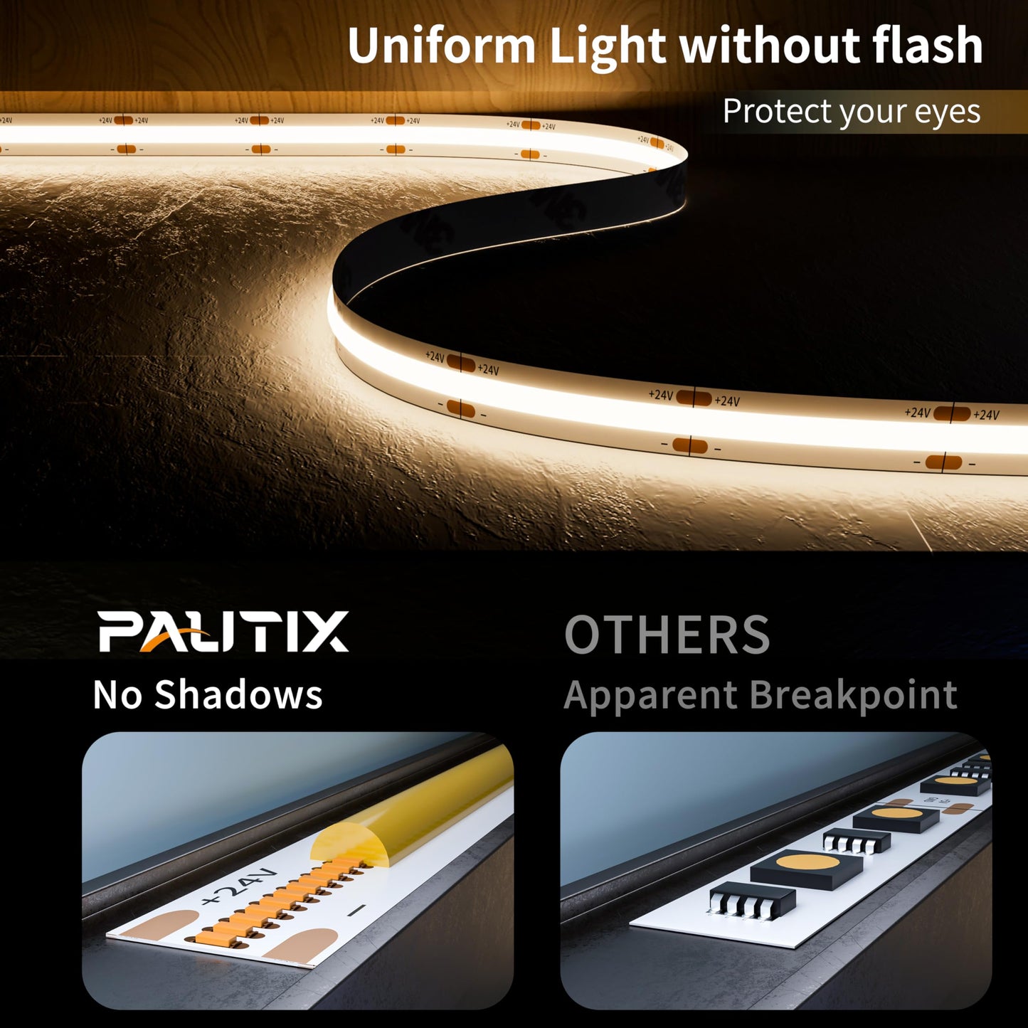 PAUTIX COB LED Strip Light 3780LEDs 24ft/7.5m Natural White 4000K,CRI90+ Super Bright High Lumen,Lead-Free Material 24V Flexible LED Tape,for