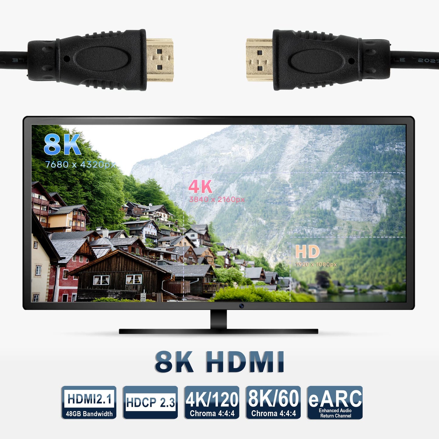J-Tech Digital 8K HDMI 2.1 Cable 1Ft. (3 Pack) | Ultra High Speed 48Gbps HDMI Cord, 4K@120Hz, 8K@60Hz, ARC & eARC, Compatible with PS5, Xbox, Apple