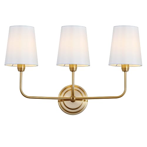 SAFAVIEH Lighting - Sawyer 3-Light 22-Inch Wall Sconce - Brass - Fabric Shade - Contemporary Design - Ideal for Vanity, Hallway, Bedroom, Bathroom