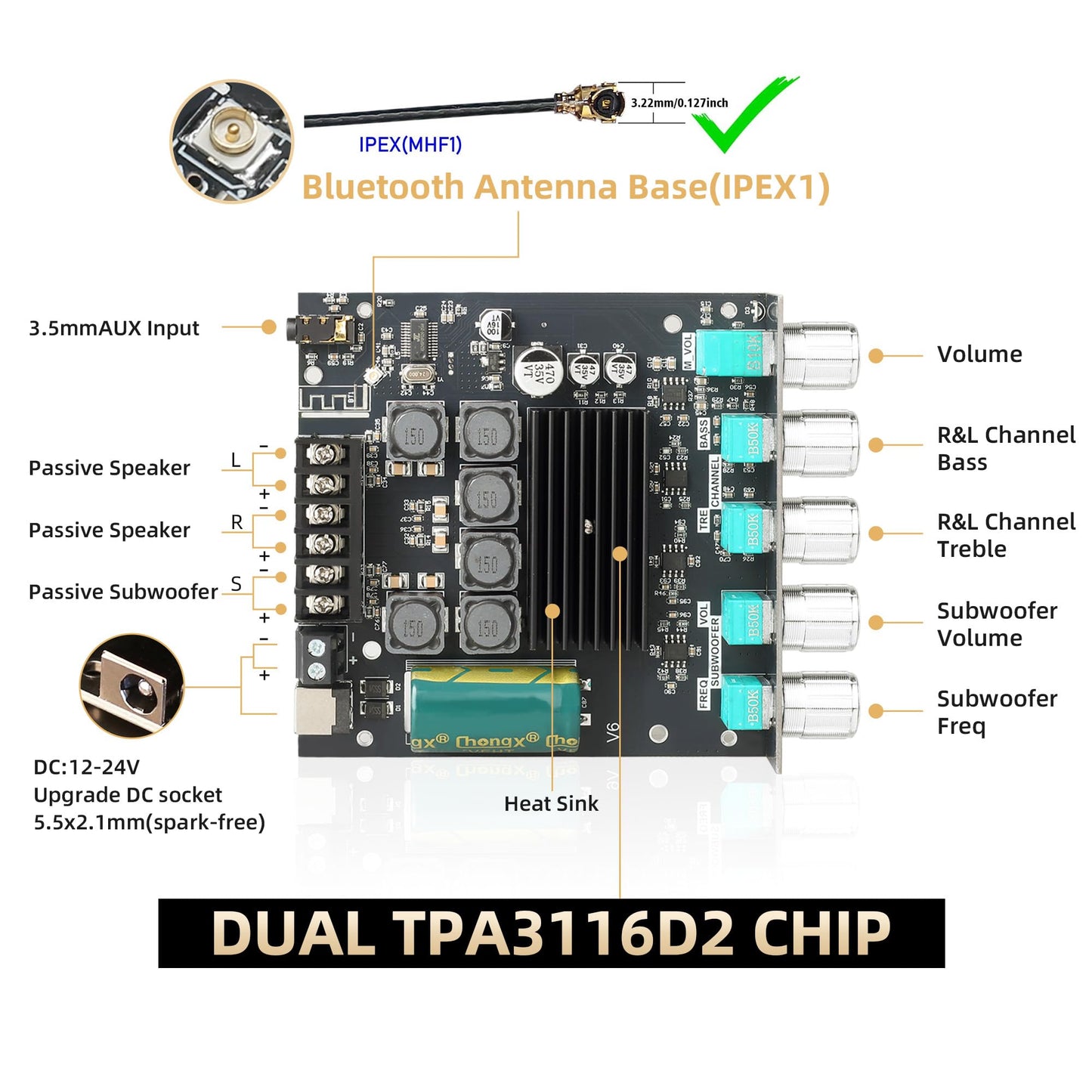 ZK-TB21 Power Amplifier Board Bluetooth5.1 TPA3116 Chip with Subwoofer 2.1 Channel 50W×2+100W, DC 12-24V Bluetooth and AUX Inputs