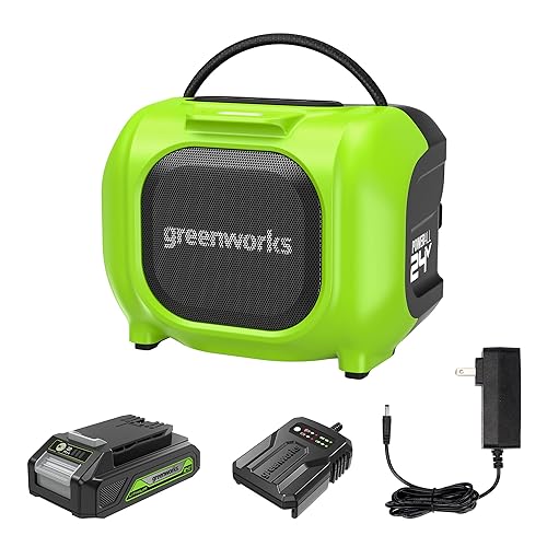 Greenworks 24V Bluetooth Compact Speaker, AC/DC Wireless Portable Worksite Speaker, 2Ah Battery and Charger Included