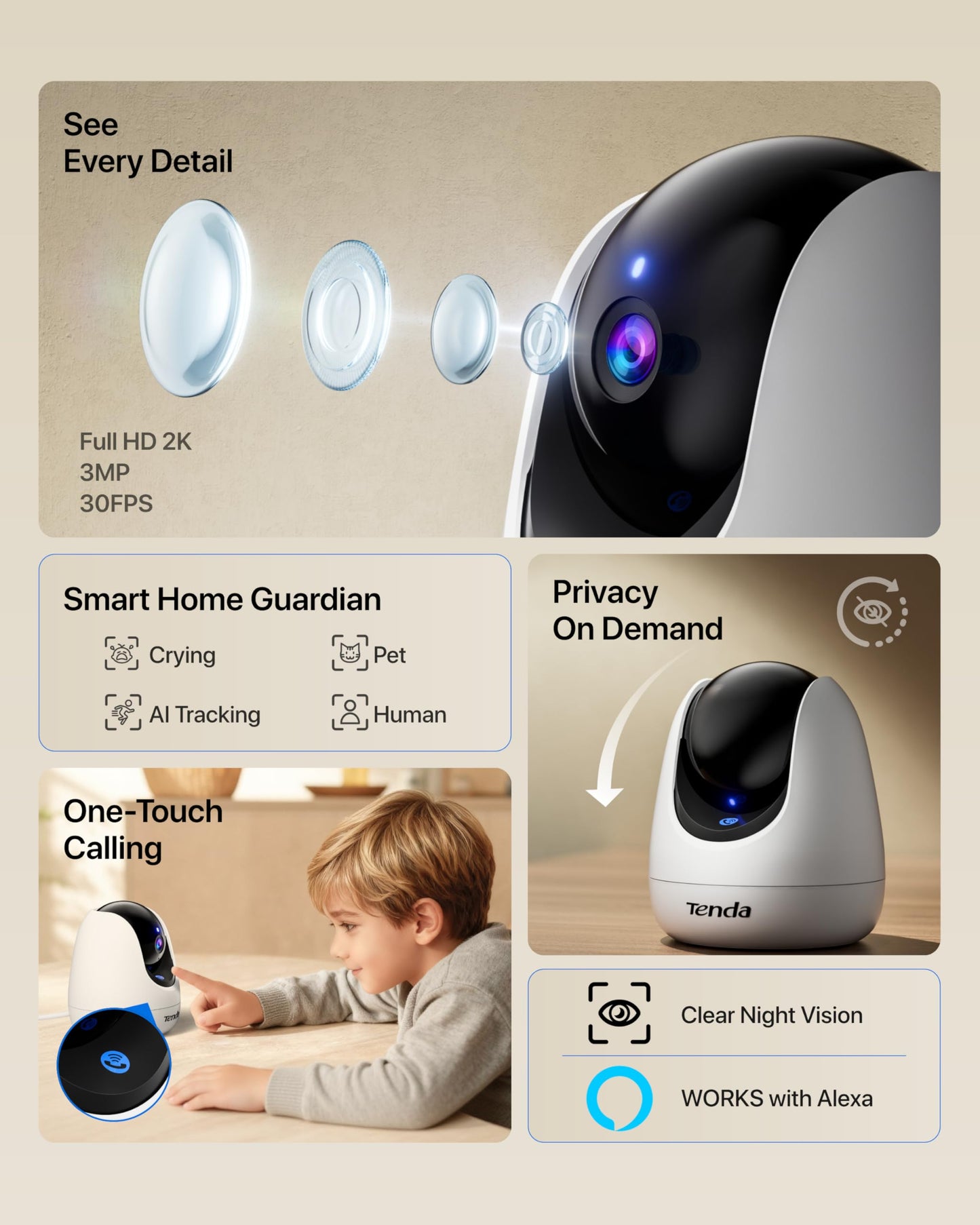 Tenda CP3 Pro 2K Indoor Security Camera with WiFi 6 & AI Baby/Pet Detection - Baby Monitor, Pet Camera for Home, One-Touch Calling, Night Vision