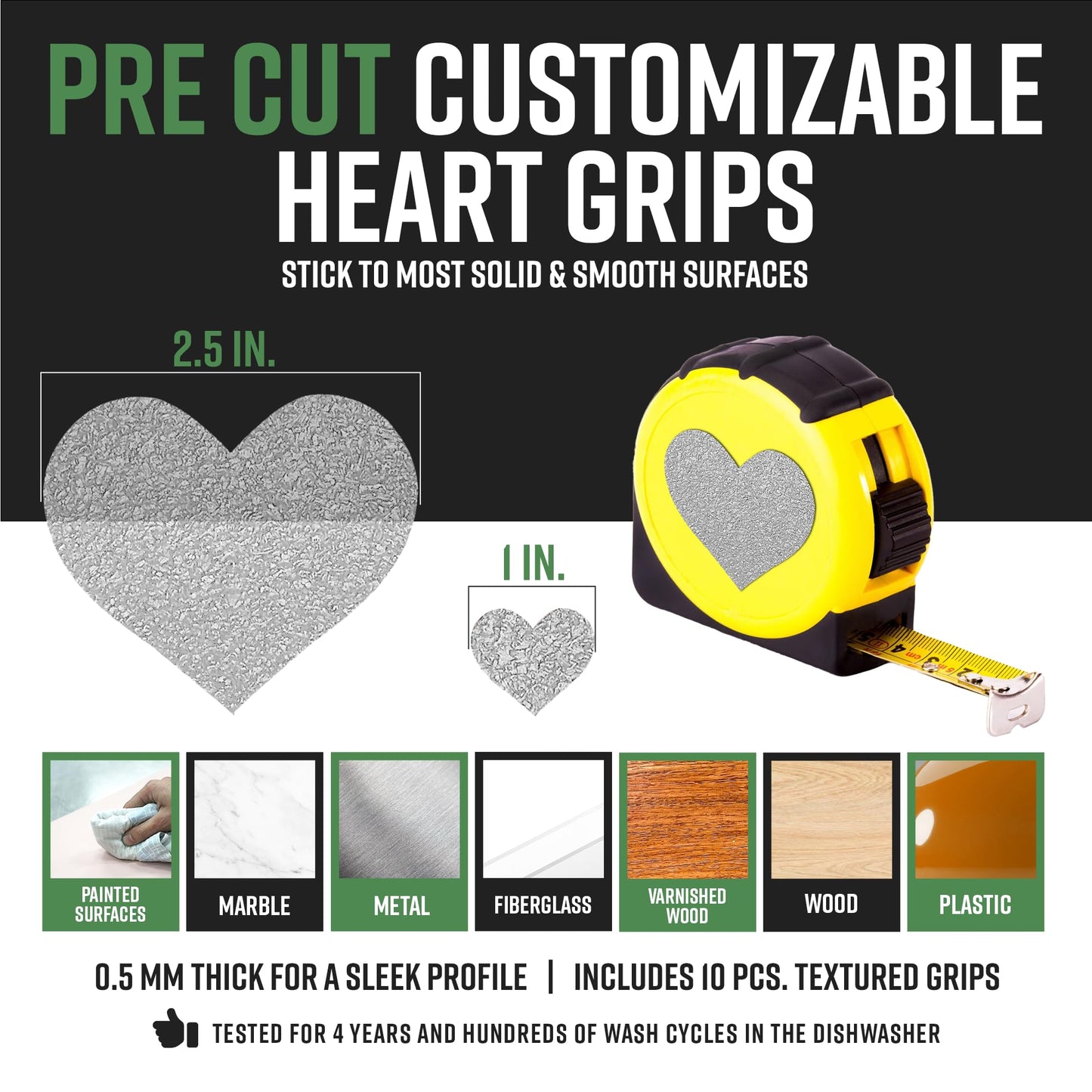 Dragon Grips Heart Stickers - 10 Pcs Clear Heart-Shaped Rubberized Grip Stickers - Waterproof, Multi-Purpose, Non-Slip, Textured Cell Phone Grip Tape