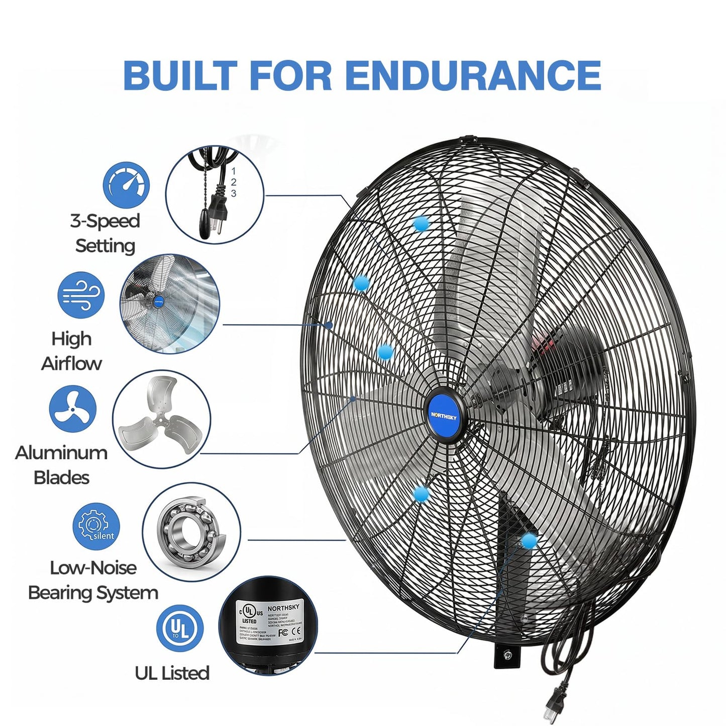 NORTHSKY 24 Inch Oscillating Wall-Mount Fan, 6,600 CFM Airflow High-Velocity Industrial Fan, 3 Speeds, 1/4 HP, Heavy Duty Fans Indoor Ideal