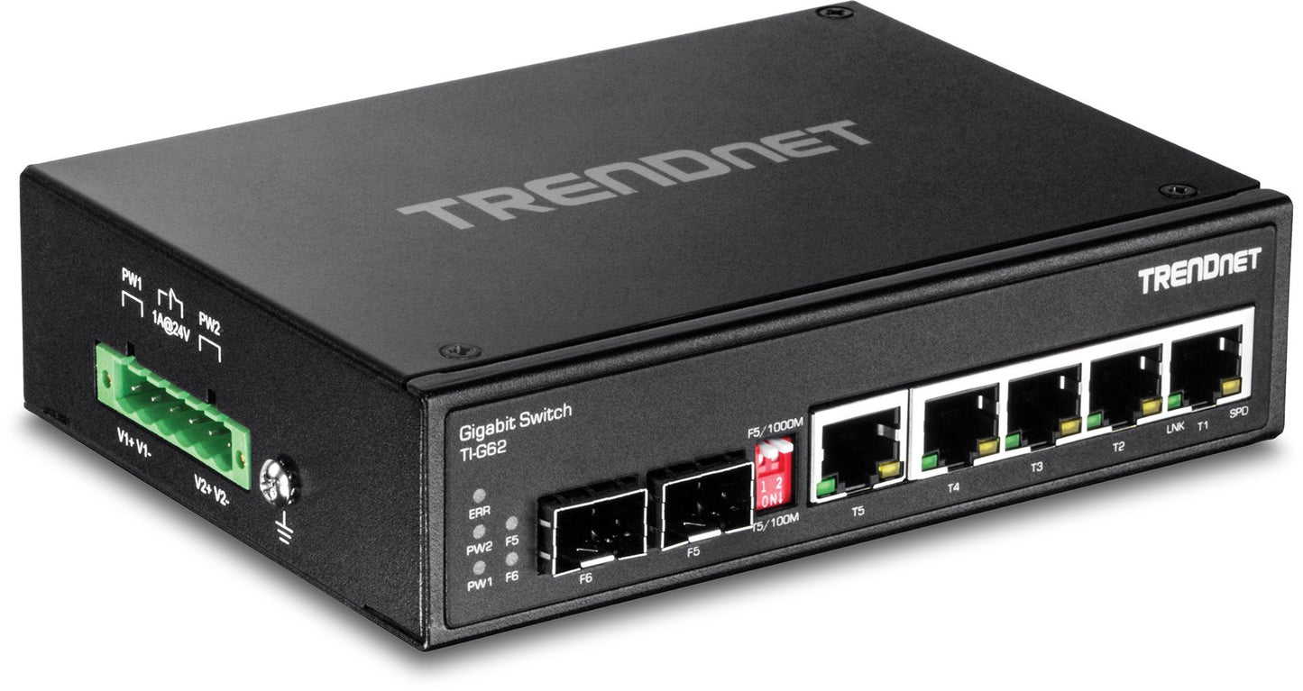 TRENDnet 7-Port Industrial Gigabit DIN-Rail Switch, TI-G62, 5 x Gigabit Ports, 2 x Gigabit SFP Ports, IP50 Weather Rated, 14Gbps, NDAA TAA Compliant