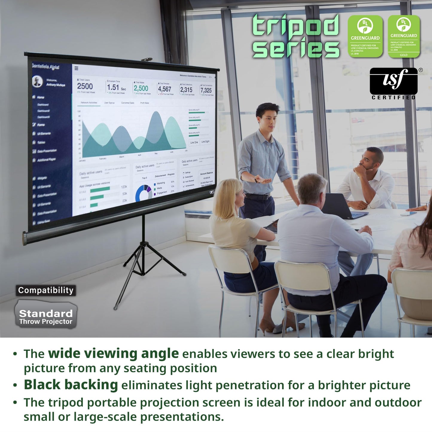 Elite Screens Tripod, 60-Inch 16:9 Portable Projector Screen with Stand- MaxWhite 2, 1.1 Gain, Adjustable Indoor Outdoor Pull Up Projection Screen