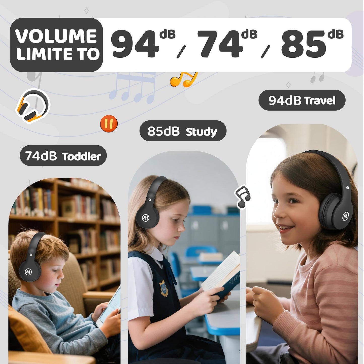 Mokata Headphones Kids Bluetooth 5.4 Wireless Play Time 68H Safe Volume Limit 85/94dB Over-Ear Foldable Headset,Fast Charging,with Aux Cord Built-in…