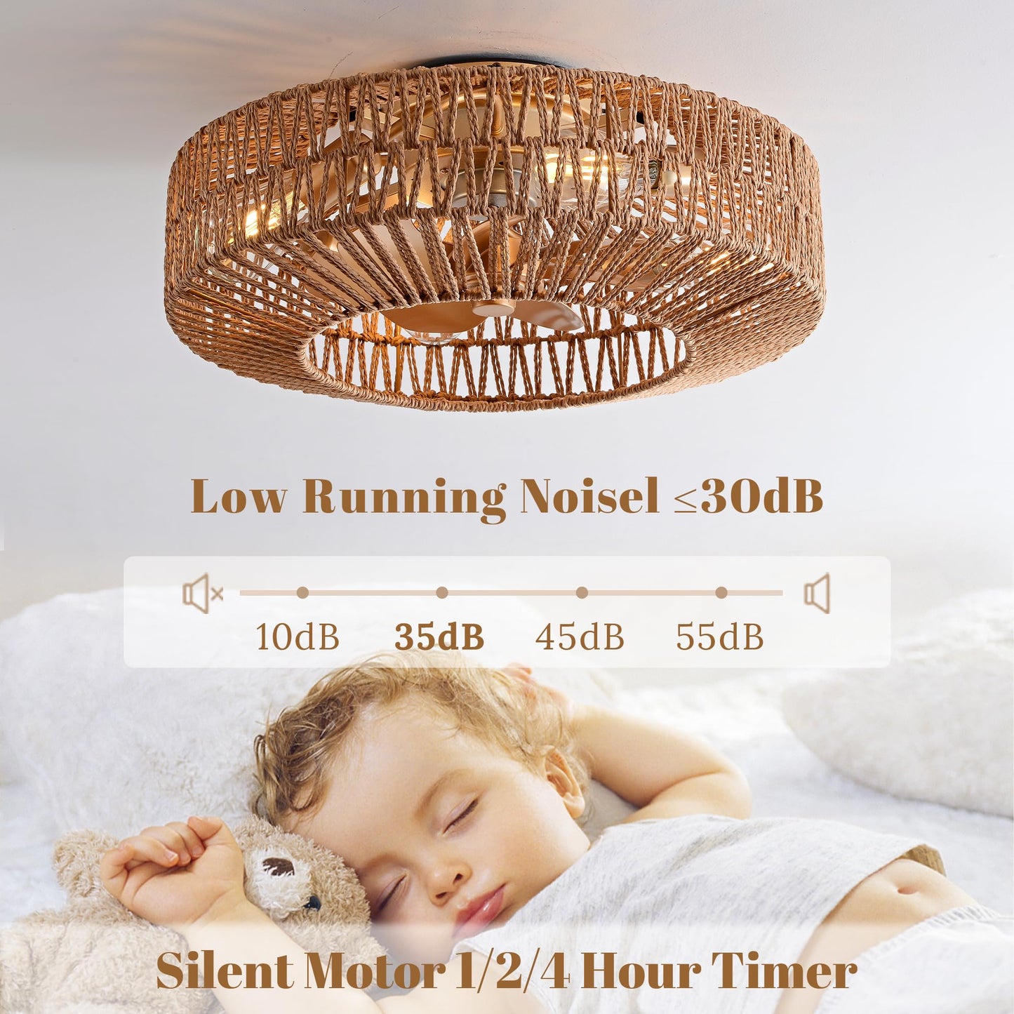 OPKMB 20" Boho Caged Fandelier with Lights Flush Mount Rattan Ceiling Fan with Lights and Remote Control, Enclosed 6 Speeds Low Profile Fan Light