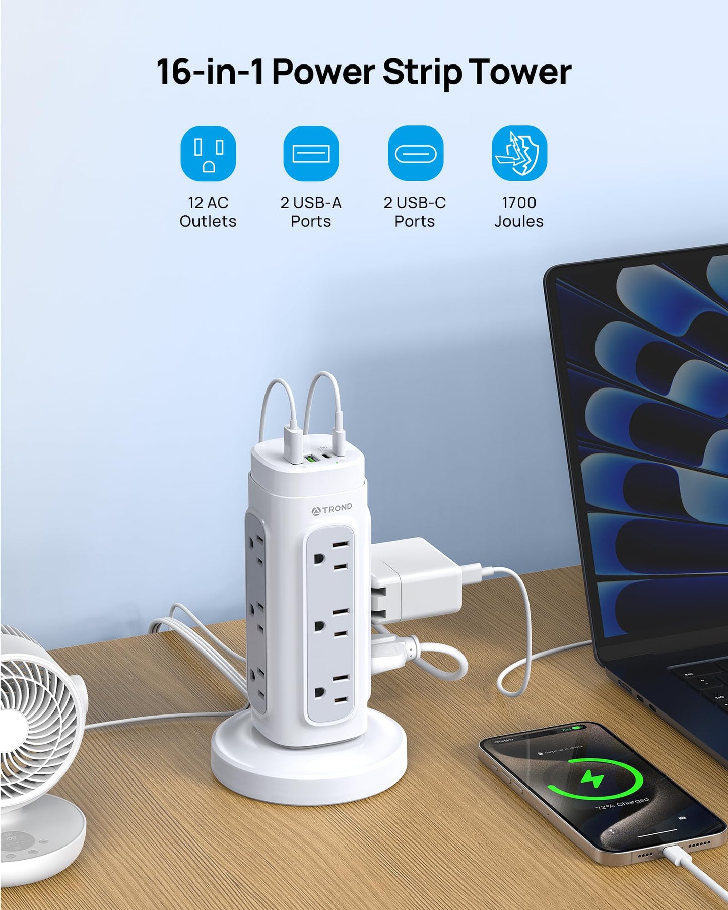 TROND Retractable Power Strip Tower, Space-Saving Surge Protector with USB C PD 20W, 5ft Flat Plug Extension Cord with Multiple Outlets, 4 USB, 1700J