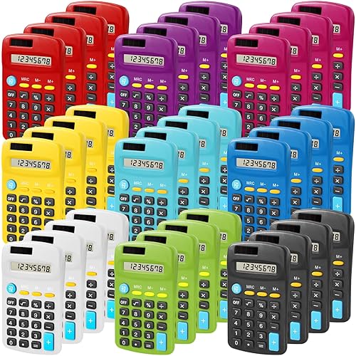 Enjamyo 36 Pcs Pocket Calculator, Mini Colorful Basic Solar Battery Calculator, Solar Battery Dual Power, Basic Calculators, 8 Digit Display