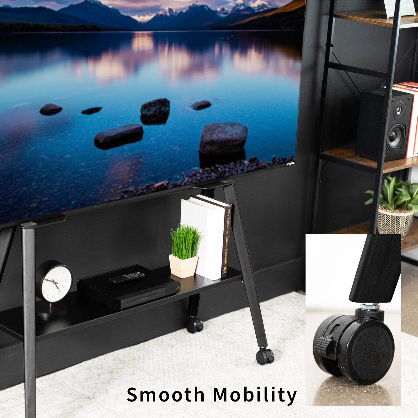 VIVO Rolling Artistic Easel 43 to 75 inch LED LCD Screen Mobile Studio TV Display Stand, Wood Accessory Shelf, Adjustable TV Mount with 4 Legs, Black