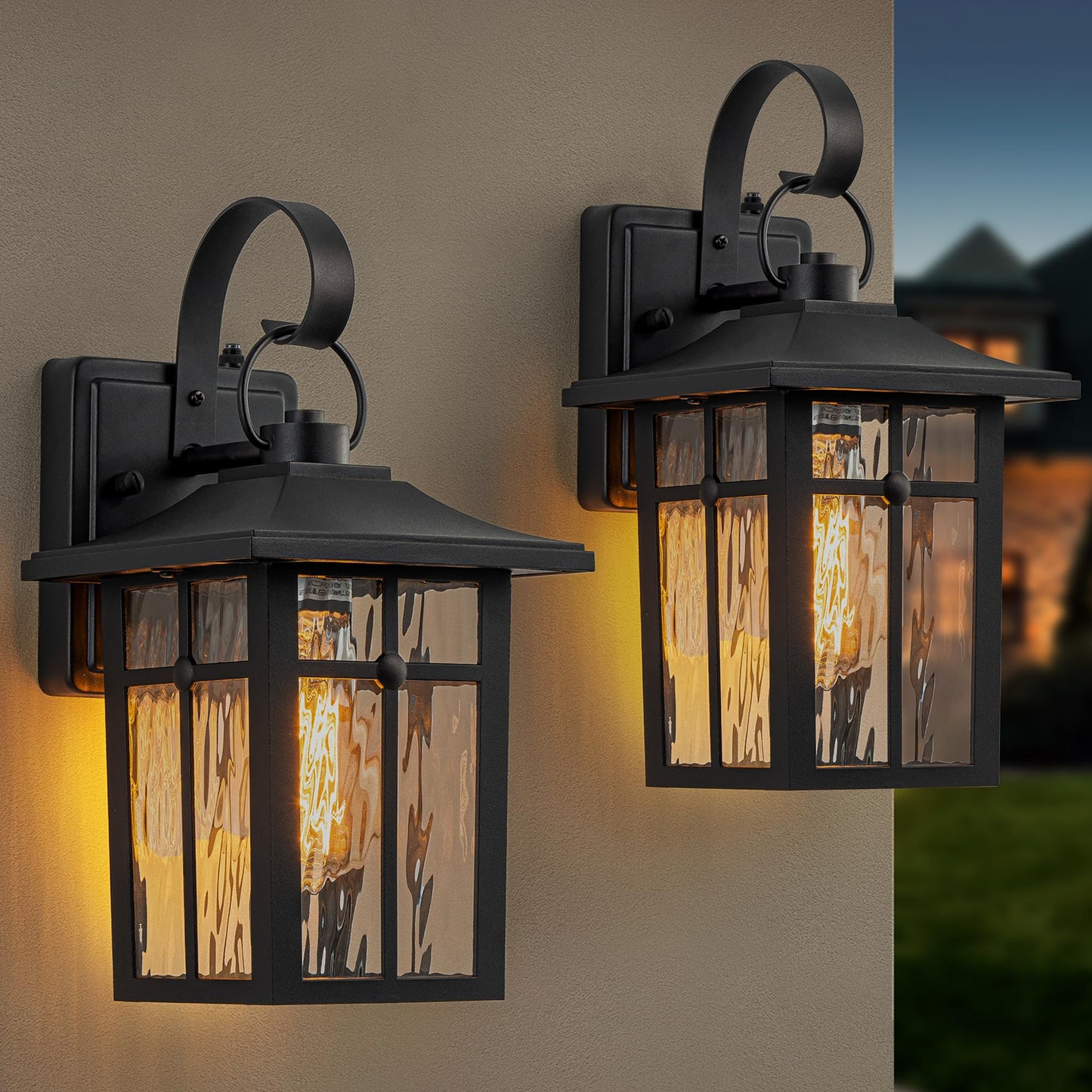 Lawyettle 2 Pack Dusk to Dawn Outdoor Wall Lights, Aluminum Exterior Light Fixtures Wall Mount with Ripple Glass, Waterproof Black Porch Lights